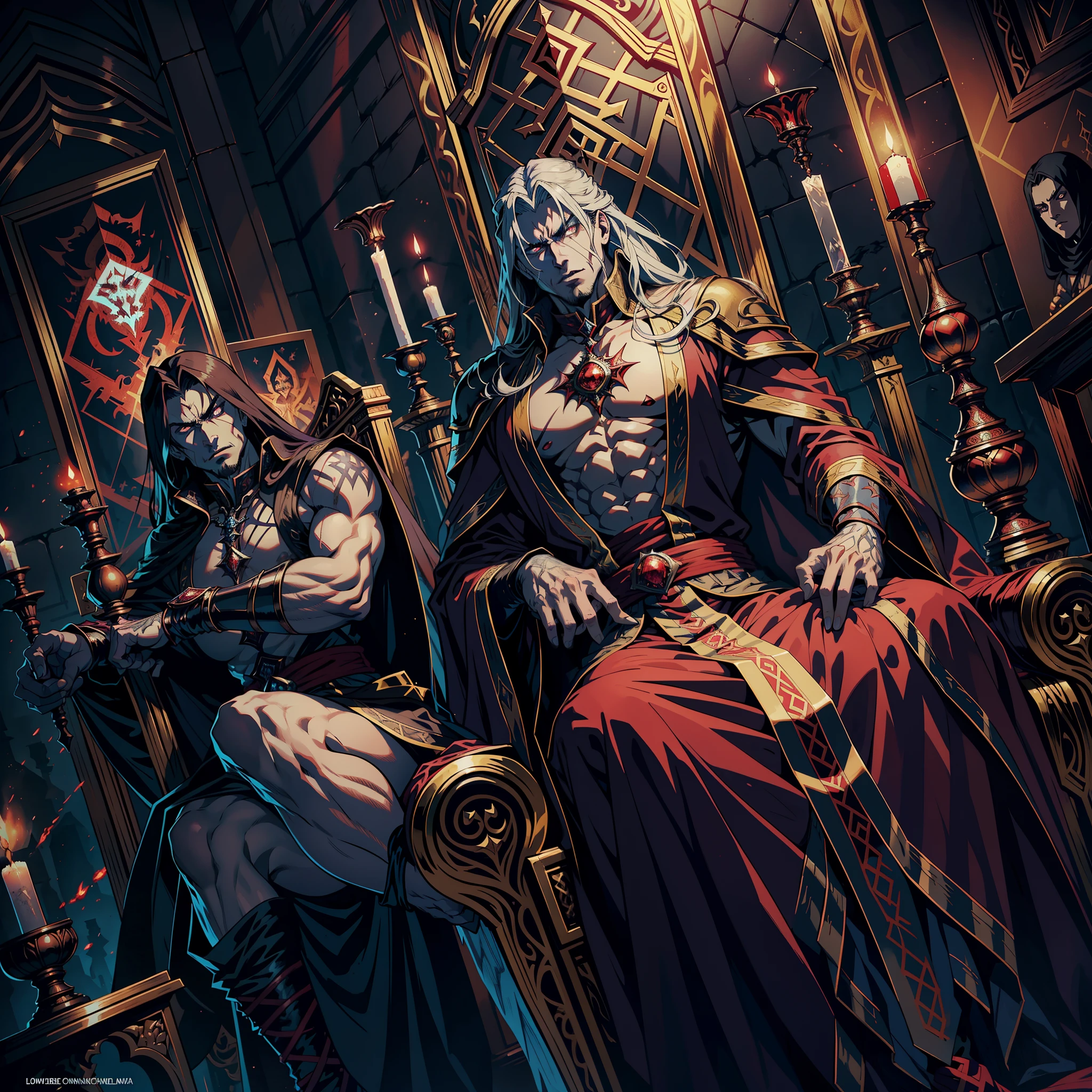 Castlevania Lord of shadows muscular beautiful red bright eyes crystal hyper realistic super detailed scary Lord Dracula sitting on his big throne with his legendary Moroccan princesses next to him Read large scrolls with a red expression of anger bright eyes hyper realistic face portrait super detailed Dynamic shot centerpiece cinematic scene movie Epic Legendary hokuto no ken movie style