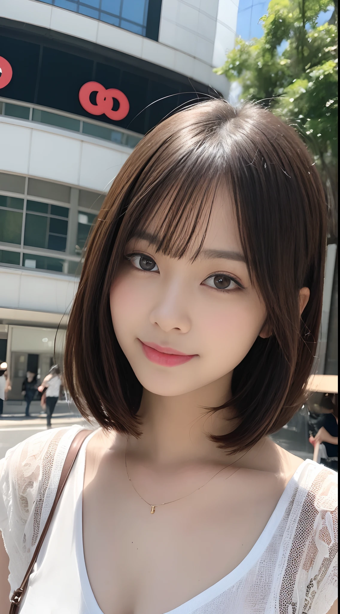 masutepiece, Best Quality, Illustration, Ultra-detailed, finely detail, hight resolution, 8K Wallpaper, Perfect dynamic composition, Beautiful detailed eyes, Women's Fashion Summer,Medium Hair,Small breasts natural color lip, Bold sexy poses,Smile,Harajuku、20 years girl、Cute、Sexy shot looking at camera、Depth of subject、Film grain、Ilford HP5、Clean clothing、