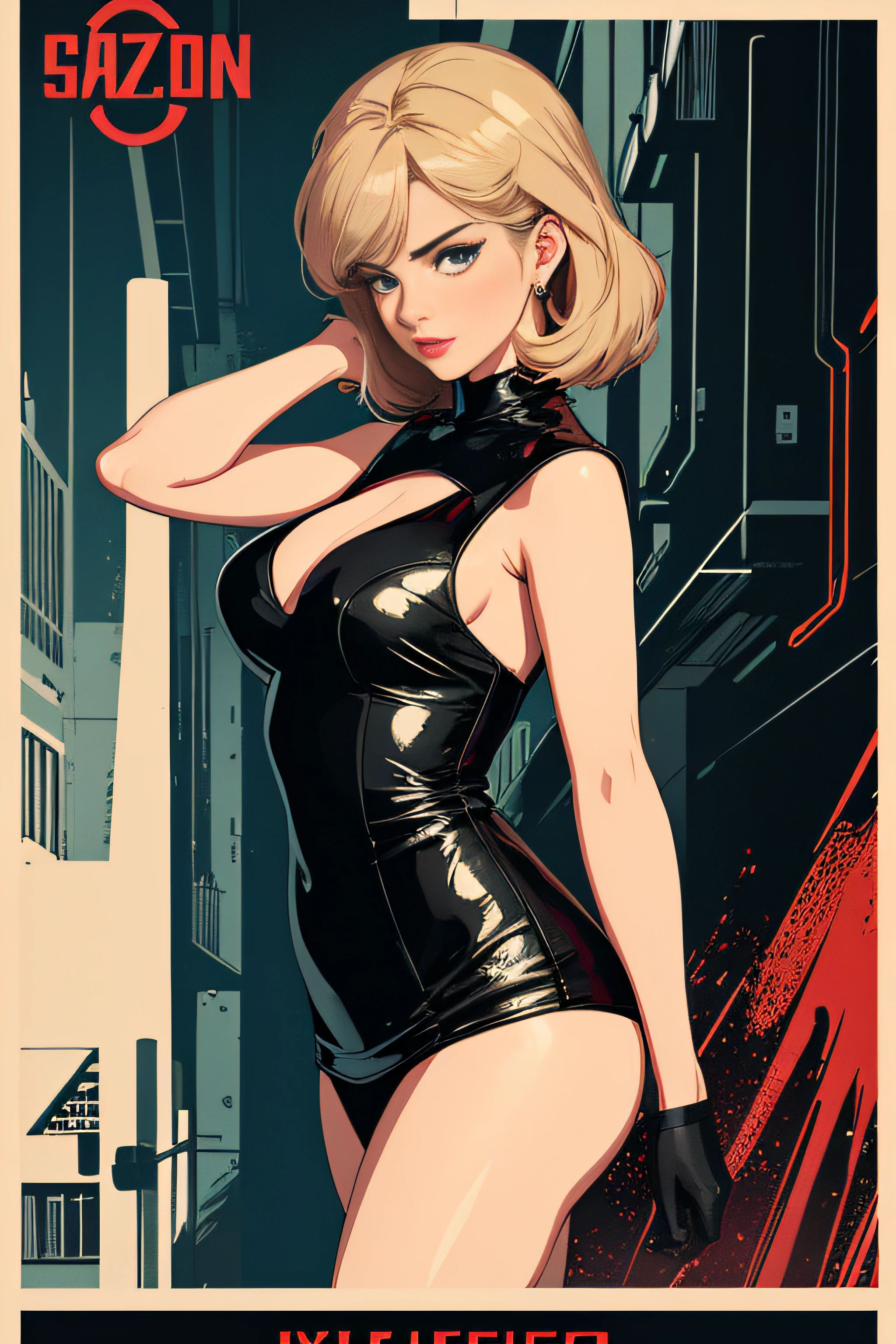 (Masterpiece, Best Quality), 8k Wallpaper, highly detailed, poster, vintage spy film, 1960s, sexy erotic female, spy thriller cinematic movie poster, Blaxploitation, shapes, lines, abstract, propaganda, mid century modern, movie poster, vintage,