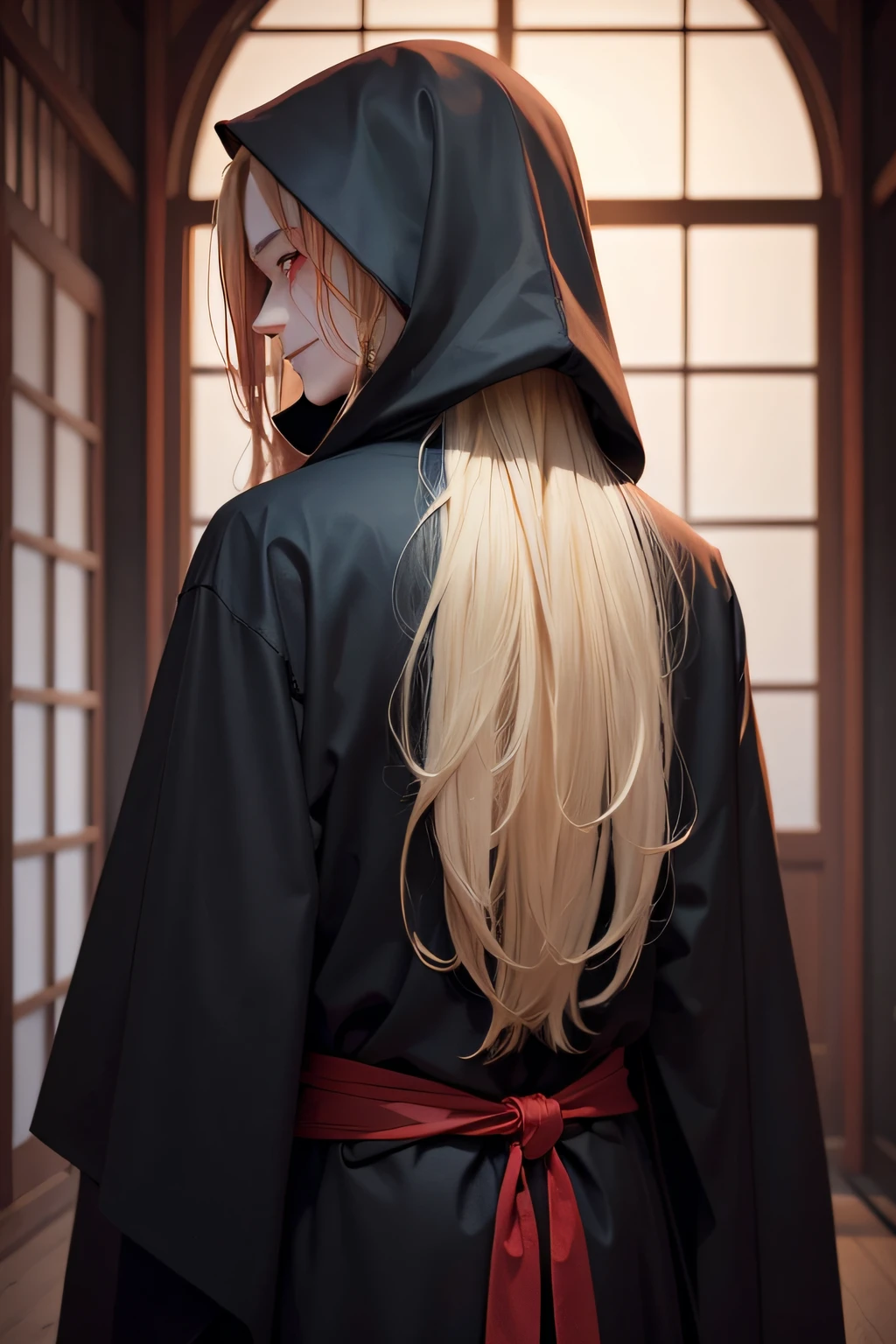 boy, blonde long hair, tied up hair, looks like Grim Reaper, red eyes, smile, wearing black robe, japan style, facing away from the camera