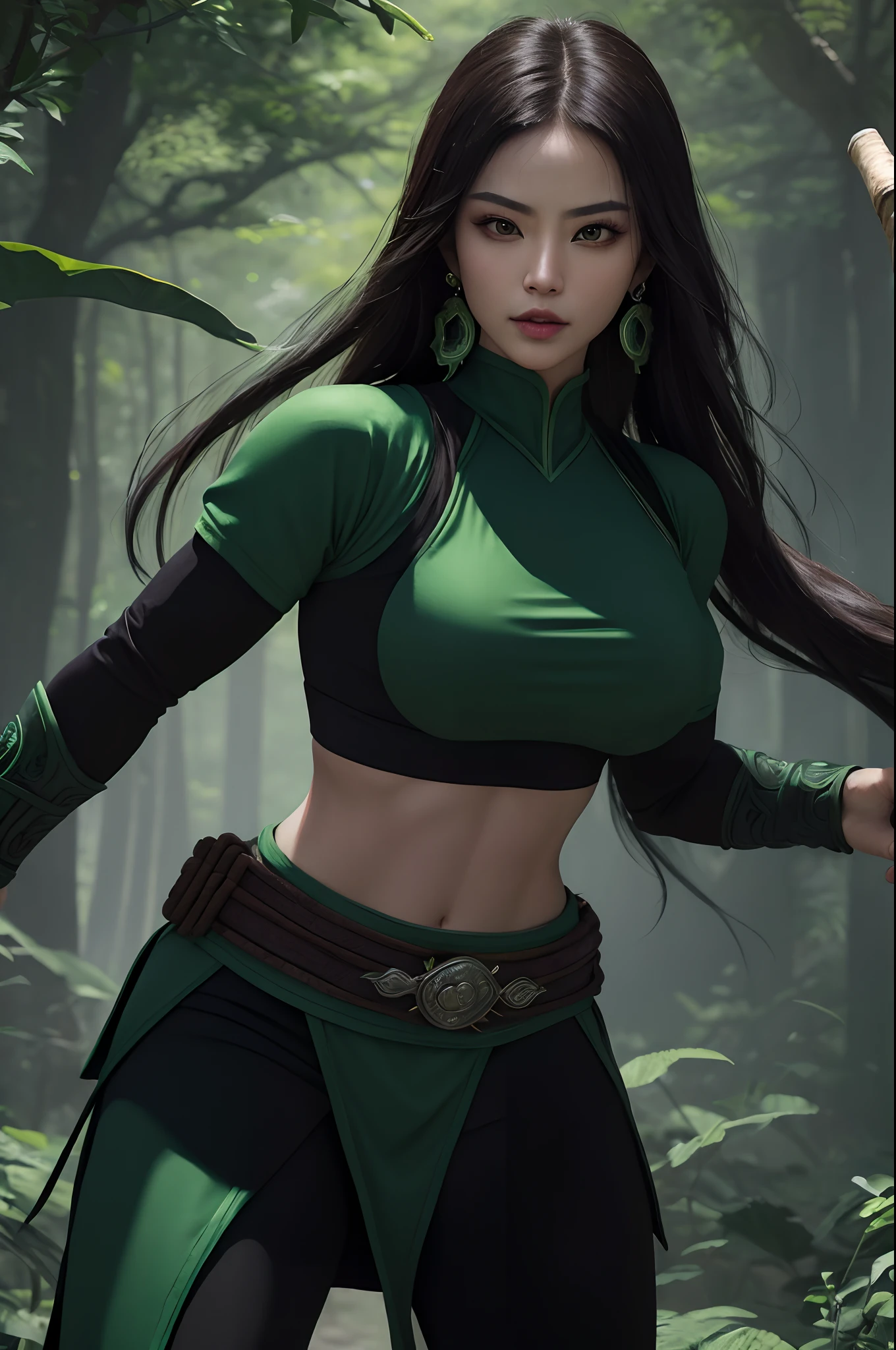 (masterpiece, top quality, best quality, official art, beautiful and aesthetic:1.2), (1girl:1.3), (fractal art:1.3), solo, Jade from mortal kombat, Mortal Kombat video game,
black headband, long hair, huge breasts, beautiful faces, face mask, asian lady, green black ninja uniform for lady, black gloves, black brown hair,green long socks, long green footwear, long stick in her hands,
large breasts,sexy ninja green uniform , earrings, midriff, navel,toned,
looking at viewer, upper body, fighting stance, the background behind jade the Mortal kombat logo howed