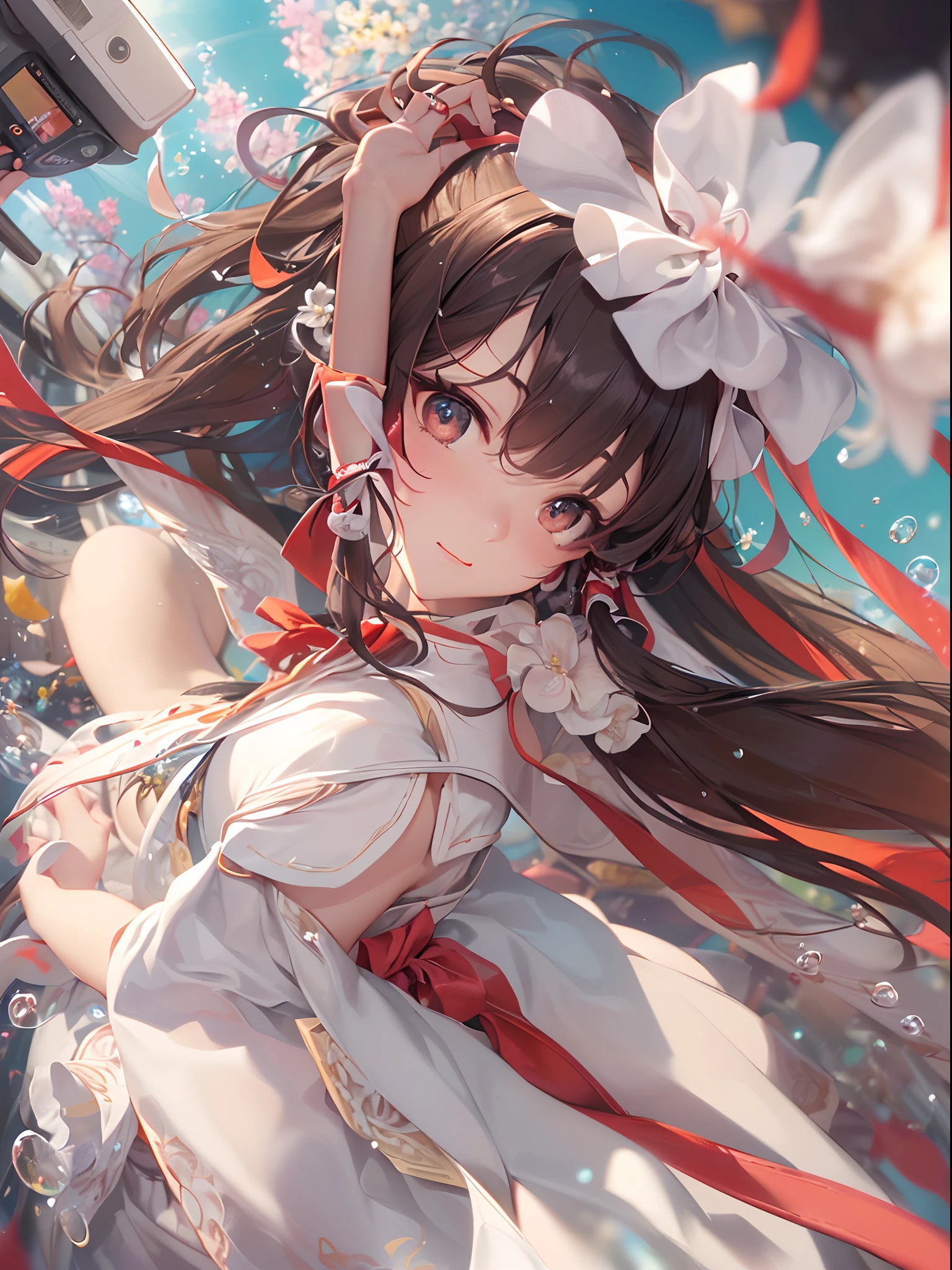 (((((hakurei reimu:1.1,)))))(((brown hair,brown eyes, nontraditional miko)),((((((Break,design an image with fisheye lens effect,capturing a wide field of view with a distinctive, curved perspective.Break,)))))((1girl:1.1,Solo,))(Masterpiece,Best quality, offcial art, Beautiful and aesthetic:1.2),((超高分辨率,)) (16k),((dynamic posture:1.2)),((((hair ribbons,hair tubes,))))Dynamic lighting,(((rich background,)))(((micro shot))))(Sunset,)(((flower field))),((hypersurreal,))((expressive hair)),Physically-based rendering,automatic white balance),Amazing,Sharp focus,Natural background, (((highdetailskin,)))Dynamic lighting,Intricately detailed clothing,((((detailed hair,))))Slender,((bubbles)),(masterpiece sidelighting),(a beauty girl,The sheen),(((Delicate fingers and hands:0.55))::0.85))),(Detail fingers),(((Superior photographic quality,)))),((unbelievable Ridiculous,))((extremely_Detailed_Eyes_and_face)),(neat hair),(Dynamic configuration: 1.2),Brilliant,Striking contrast,High saturation,The image is very realistic，、Very detailed and、Must be a high resolution 16k。Sony F and 24-105mm f / Use a Sony Alpha 4 mirrorless camera with 1G OSS lenses。