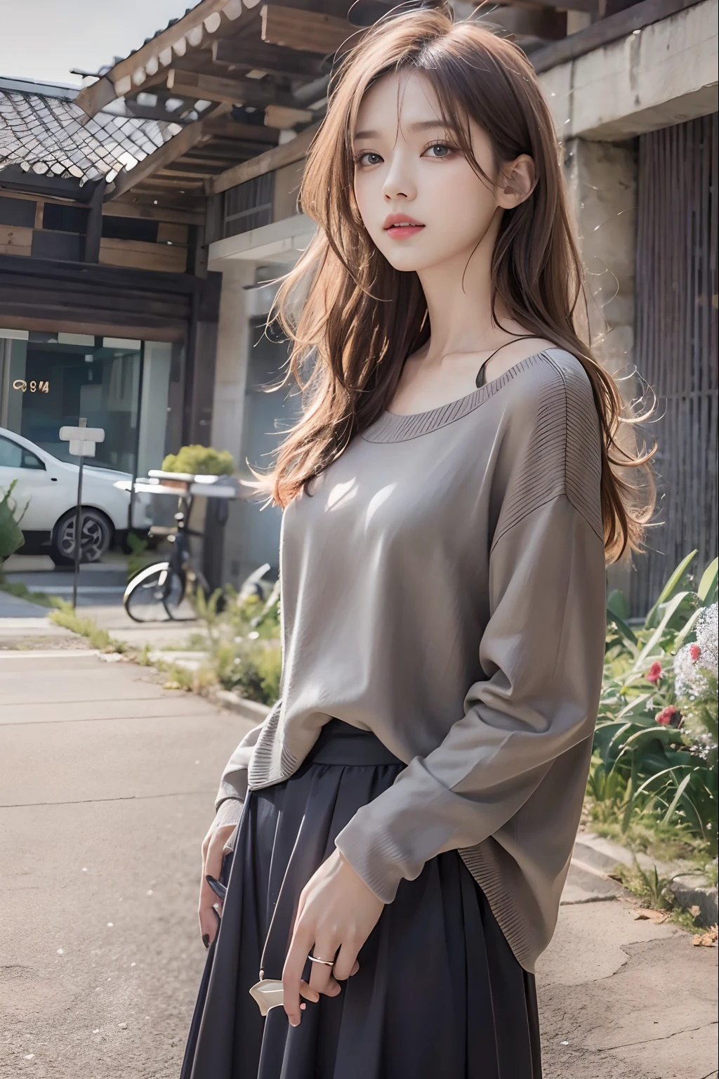Top image quality、Raw photography、超A high resolution、An 18-year-old woman、Shooting for one person only、modelshoot、Autumn outfit、Fashionable clothes、student clothes、Beautiful Eyes of Details、very elongated eyes、Beautiful eyelashes、Beautiful double eyelids、very slender legs、Shorthair with light brown hair、very slender physique、Gray walls