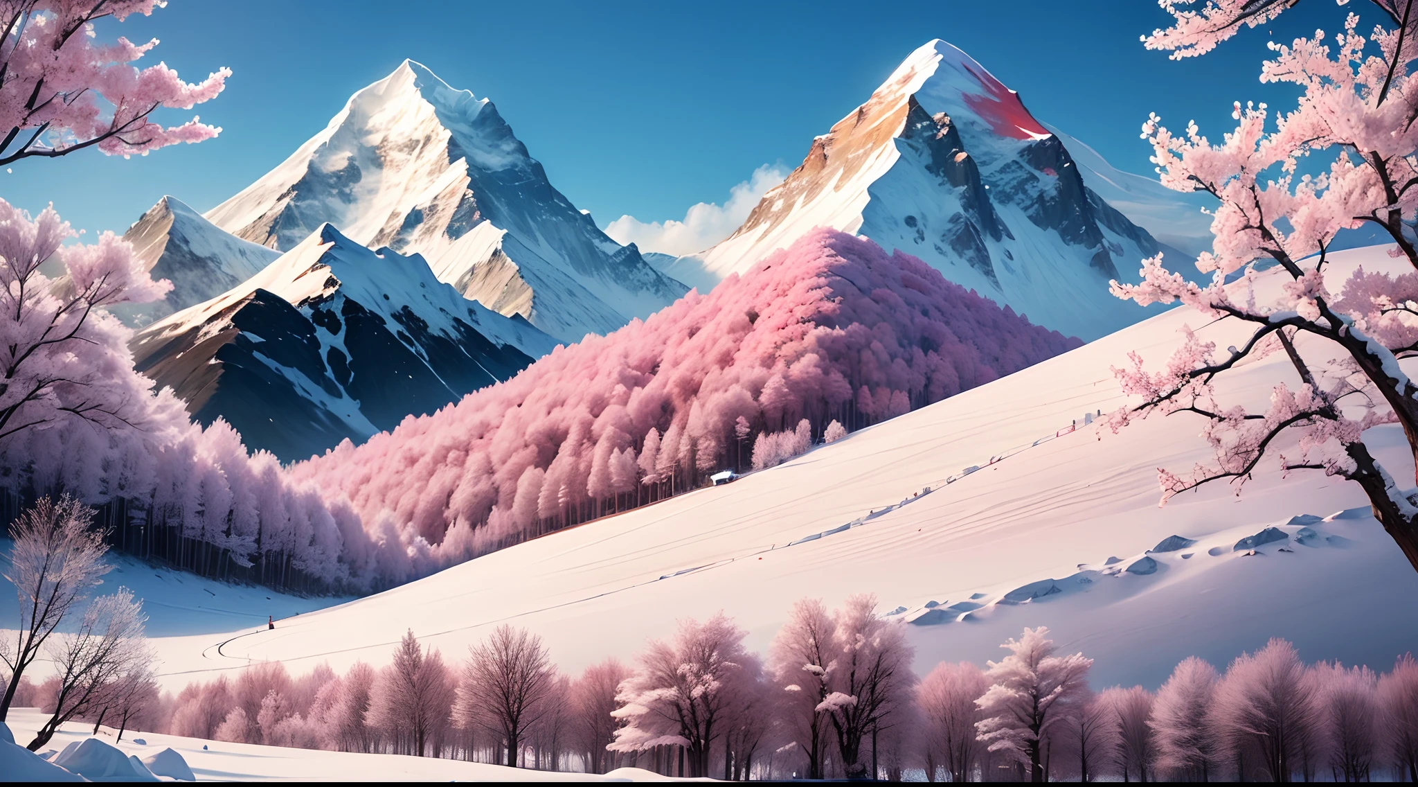 Mount Everest, in the foreground a few cherry trees in cherry blossom, mit einem See,
