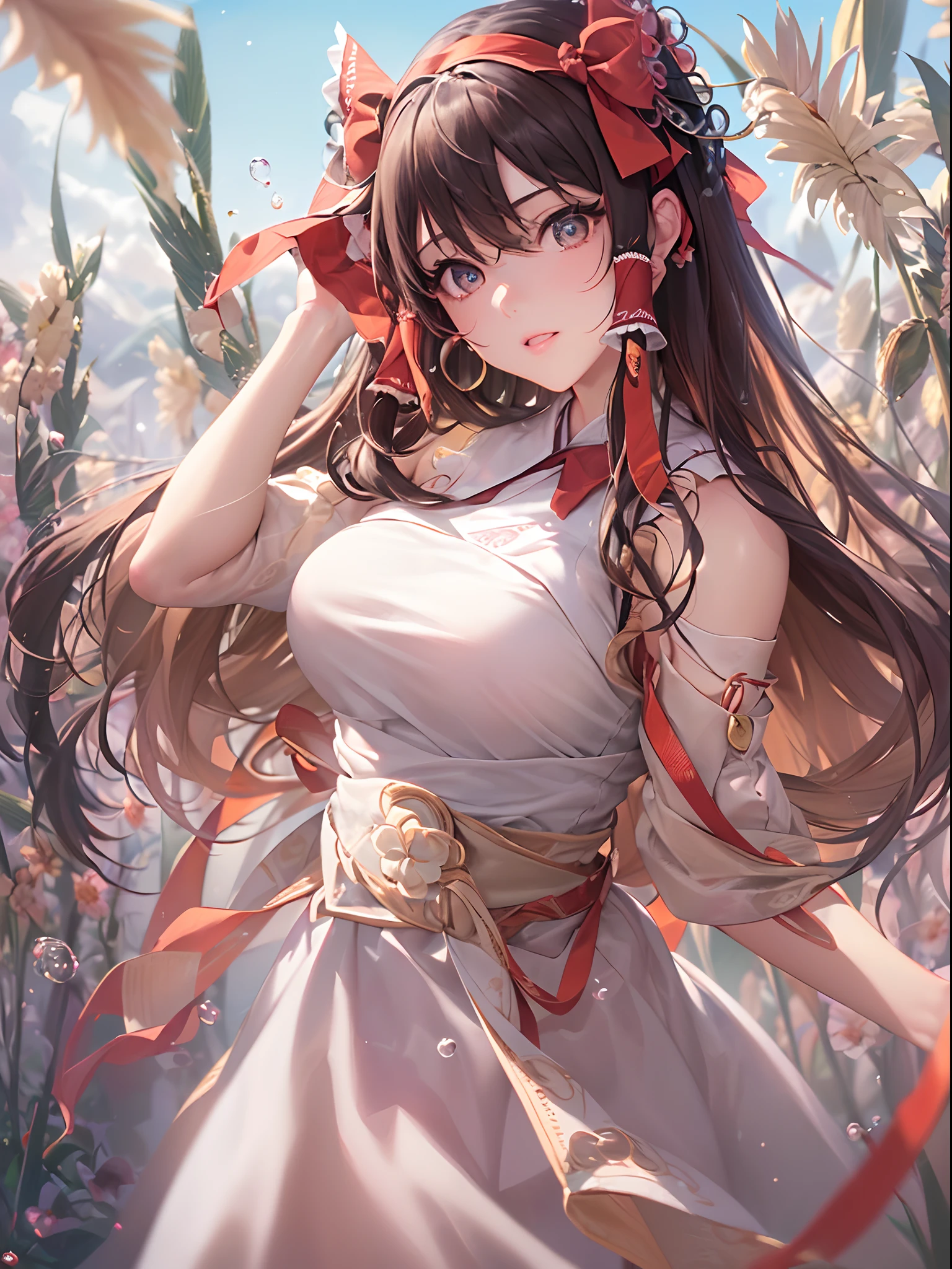 (((((hakurei reimu:1.1,)))))(((brown hair,brown eyes, nontraditional miko)),((((((Break,design an image with fisheye lens effect,capturing a wide field of view with a distinctive, curved perspective.Break,)))))((1girl:1.1,Solo,))(Masterpiece,Best quality, offcial art, Beautiful and aesthetic:1.2),((超高分辨率,)) (16k),((dynamic posture:1.2)),((((hair ribbons,hair tubes,))))Dynamic lighting,(((rich background,)))(((micro shot))))(Sunset,)(((flower field))),((hypersurreal,))((expressive hair)),Physically-based rendering,automatic white balance),Amazing,Sharp focus,Natural background, (((highdetailskin,)))Dynamic lighting,Intricately detailed clothing,((((detailed hair,))))Slender,((bubbles)),(masterpiece sidelighting),(a beauty girl,The sheen),(((Delicate fingers and hands:0.55))::0.85))),(Detail fingers),(((Superior photographic quality,)))),((unbelievable Ridiculous,))((extremely_Detailed_Eyes_and_face)),(neat hair),(Dynamic configuration: 1.2),Brilliant,Striking contrast,High saturation,The image is very realistic,、Very detailed and、Must be a high resolution 16k。Sony F and 24-105mm f / Use a Sony Alpha 4 mirrorless camera with 1G OSS lenses。