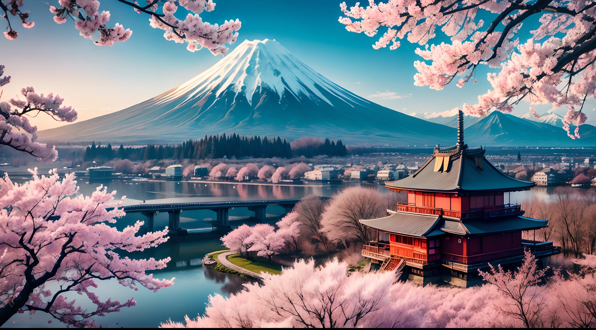 Fujiyama, in the foreground a few cherry trees in cherry blossom, mit einem See,