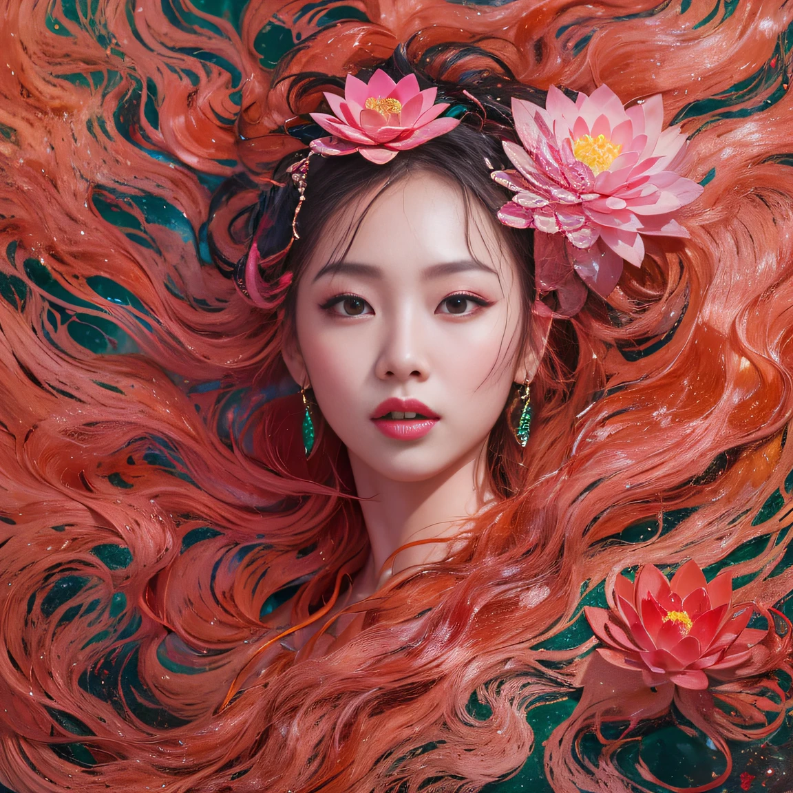 Full body 32K(tmasterpiece,k hd,hyper HD,32K)Large curls,(abstract ink splash:1.2)Flowing rouge,ponds,zydink, a color, Asian people (faeries), (Silk scarf), Combat posture, looking at the ground, Large rolls of rouge, Flowing rouge curls,Red onyx emerald emerald headdress, Chinese long-sleeved black gold garment, (abstract ink splash:1.2), Pink lotus background,Water lily flower protector(realisticlying:1.4),Rouge hair,Autumn is in full swing,The background is pure, A high resolution, the detail, RAW photogr, Sharp Re, Nikon D850 Film Stock Photo by Jefferies Lee 4 Kodak Portra 400 Camera F1.6 shots, Rich colors, ultra-realistic vivid textures, Dramatic lighting, Unreal Engine Art Station Trend, cinestir 800,Large curls,Flowing rouge