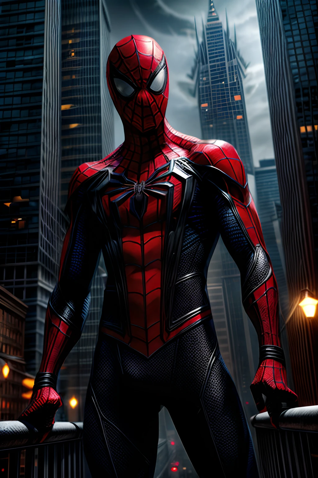 An evil Spider-Man in a dark city, wearing a black suit with red accents, sharp and menacing eyes, a wicked grin on his face, and elongated, spiky webshooters. The Spider-Man's suit is made of a sleek leather-like material, giving it a sinister and powerful presence. The cityscape is shrouded in darkness, with tall, gloomy buildings casting eerie shadows. The Spider-Man is perched on top of a towering building, ready to unleash his villainous plans. The scene is captured in the highest quality, with ultra-detailed textures and sharp focus. The colors are dark and moody, emanating a sense of impending danger. The lighting is dramatic and dynamic, emphasizing the Spider-Man's sinister appearance.