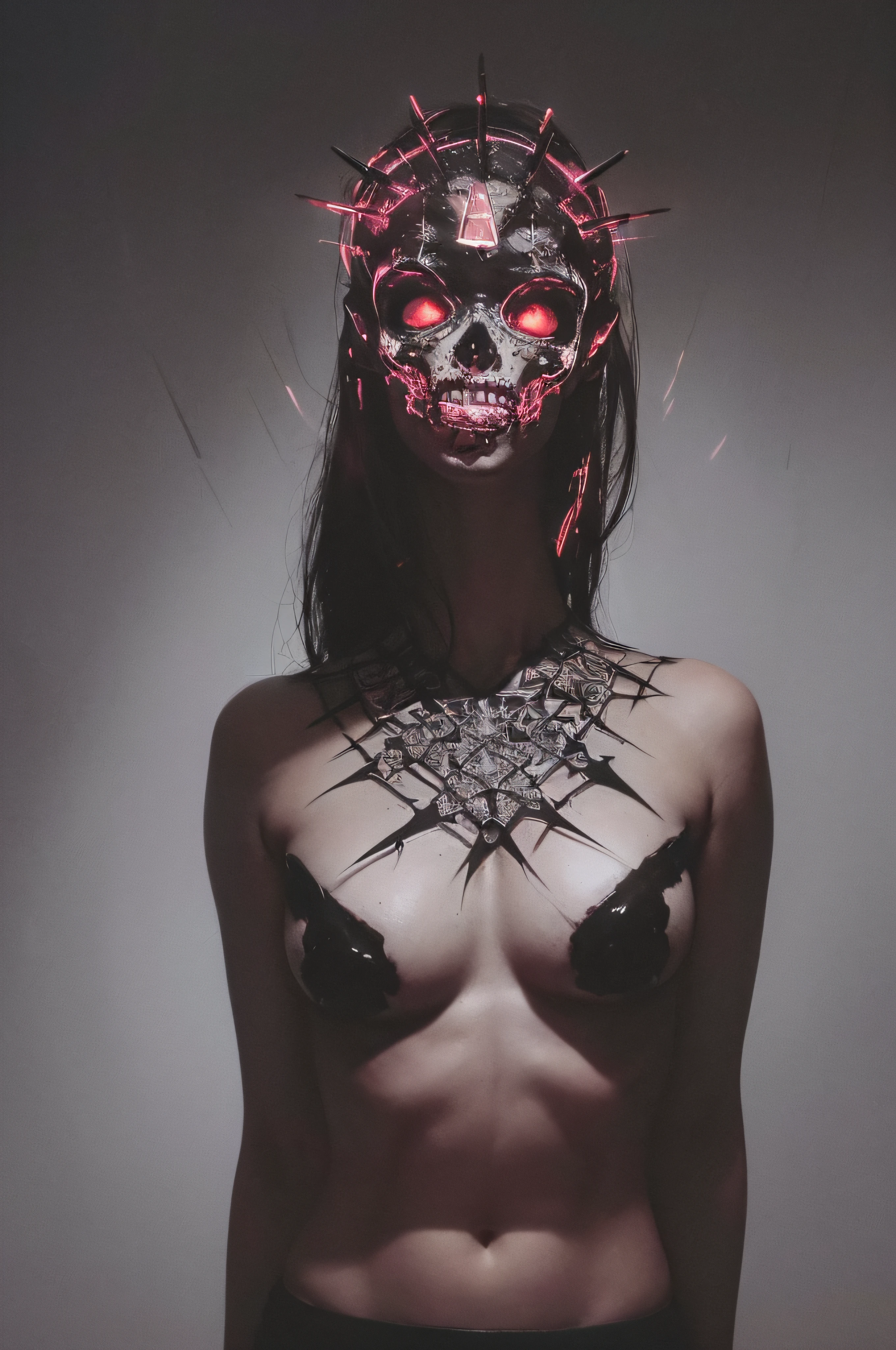 "(The best lighting, oscuro, dramatic),(feto calavera alien, Hellraiser, Cicatrices, , sexy, cerebro, sangre, una rata dentro de la cabeza, terror.),(ojos rojos, calaveras). morning light.