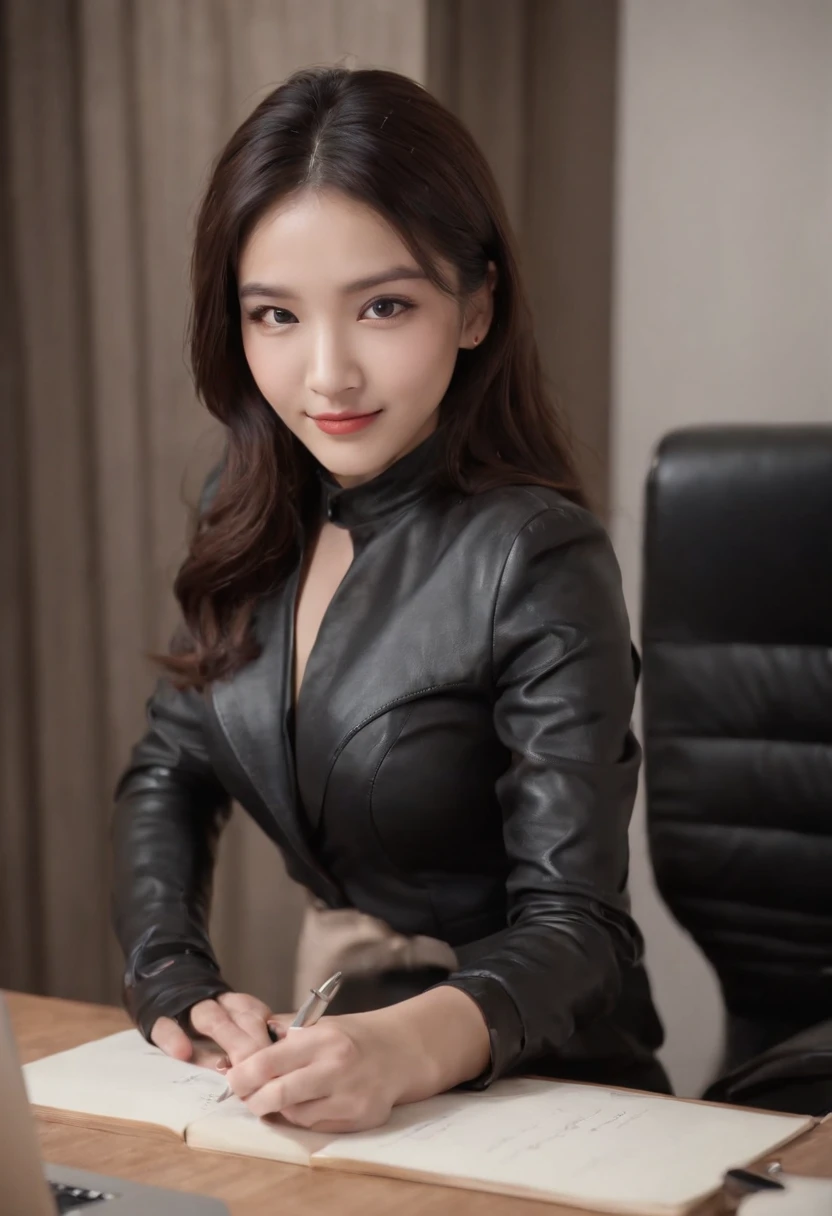 Wearing black leather gloves on both hands, Upper body, Black business suit, Facing the desk in my room with a computer in the dark, Look down and smile, Use a fountain pen to write a letter, Black hair was tied back for a long time, Female new employee with a young and very cute Japan (Black leather gloves cover both hands)Gentle smile looking at the camera、Working with black leather gloves with both hands