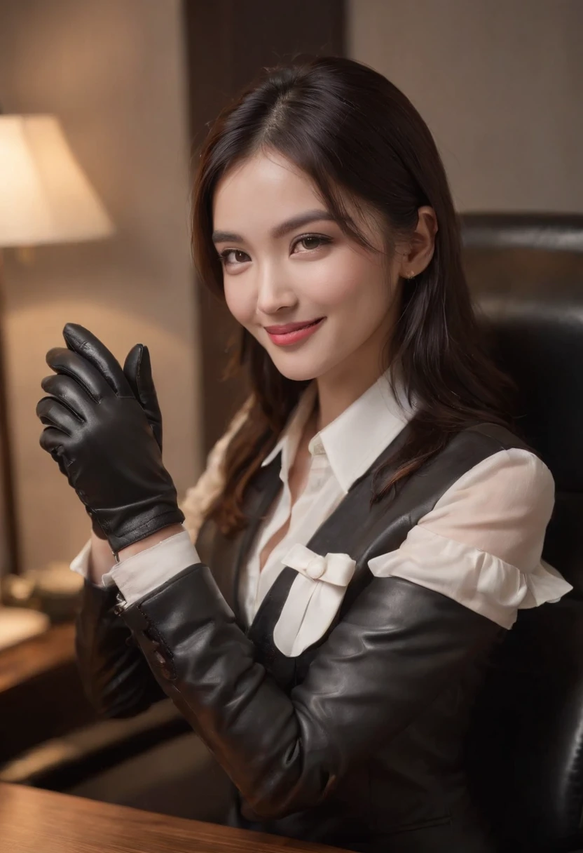 Wearing black leather gloves on both hands, Upper body, Black business suit, Facing the desk in my room with a computer in the dark, Look down and smile, Use a fountain pen to write a letter, Black hair was tied back for a long time, Female new employee with a young and very cute Japan (Black leather gloves cover both hands)Gentle smile looking at the camera、Working with black leather gloves with both hands