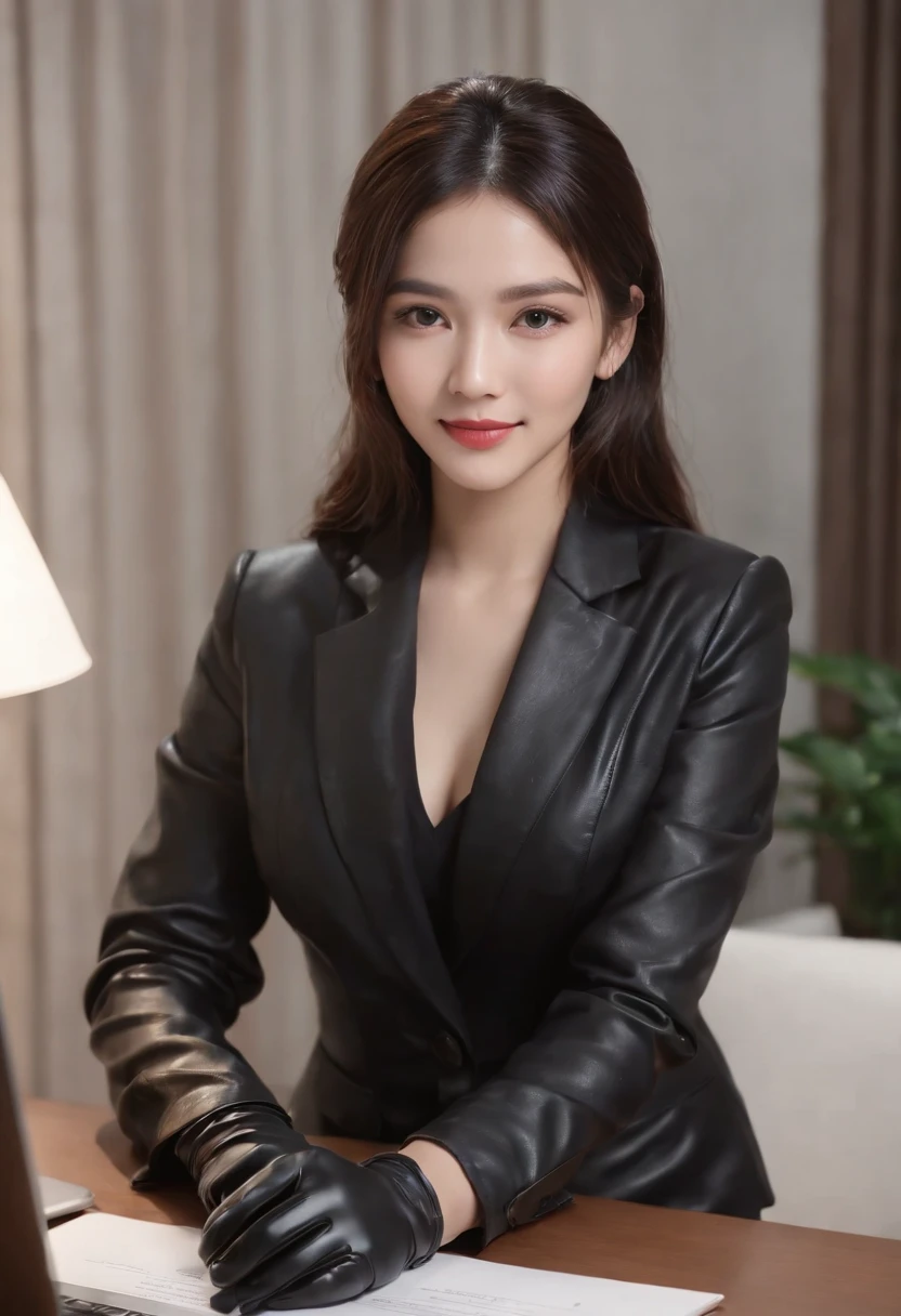 Wearing black leather gloves on both hands, Upper body, Black business suit, Facing the desk in my room with a computer in the dark, Look down and smile, Use a fountain pen to write a letter, Black hair was tied back for a long time, Female new employee with a young and very cute Japan (Black leather gloves cover both hands)Gentle smile looking at the camera、Working with black leather gloves with both hands