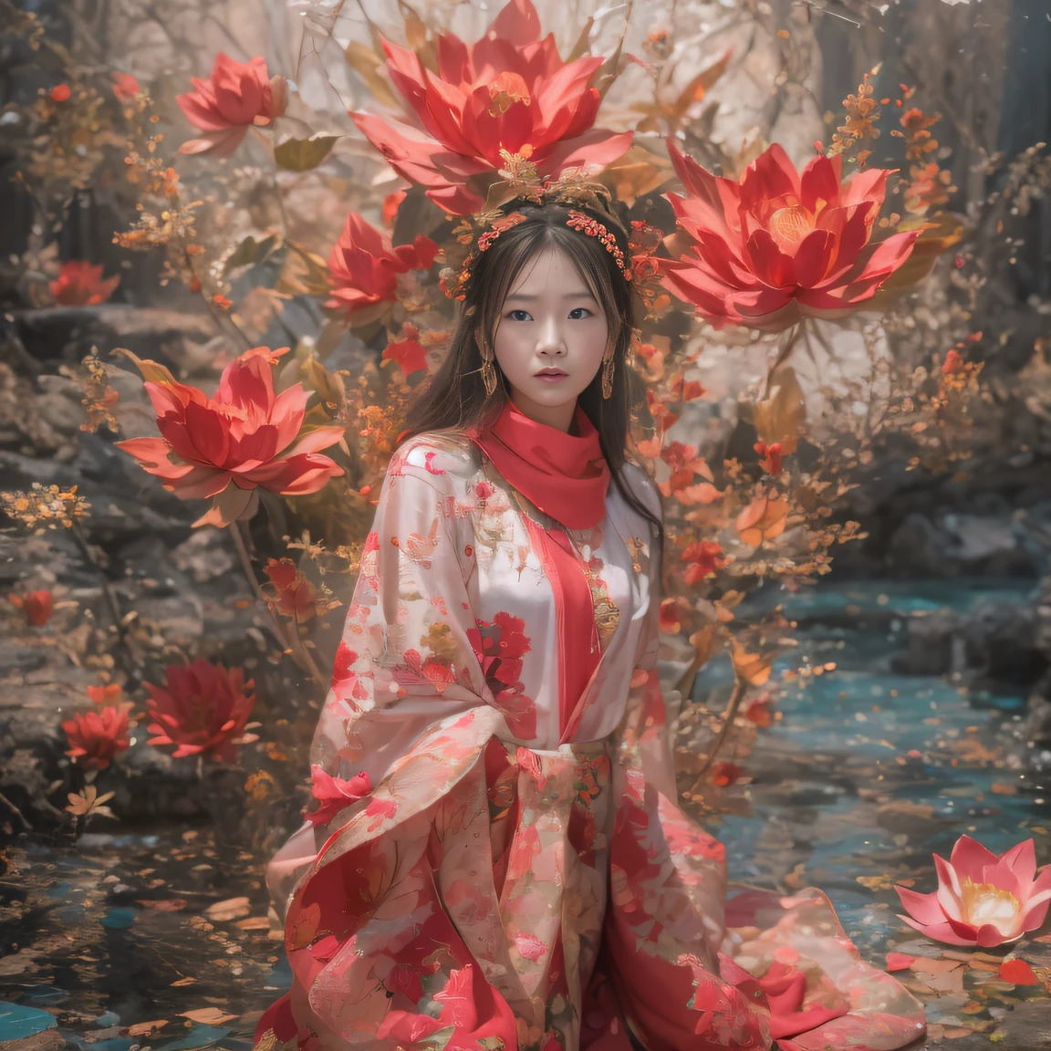 Full body 32K(tmasterpiece,k hd,hyper HD,32K)Large curls,(abstract ink splash:1.2)Flowing rouge,ponds,zydink, a color, Asian people (faeries), (Silk scarf), Combat posture, looking at the ground, Large rolls of rouge, Flowing rouge curls,Red onyx emerald emerald headdress, Chinese long-sleeved black gold garment, (abstract ink splash:1.2), Pink lotus background,Water lily flower protector(realisticlying:1.4),Rouge hair,Autumn is in full swing,The background is pure, A high resolution, the detail, RAW photogr, Sharp Re, Nikon D850 Film Stock Photo by Jefferies Lee 4 Kodak Portra 400 Camera F1.6 shots, Rich colors, ultra-realistic vivid textures, Dramatic lighting, Unreal Engine Art Station Trend, cinestir 800,Large curls,Flowing rouge