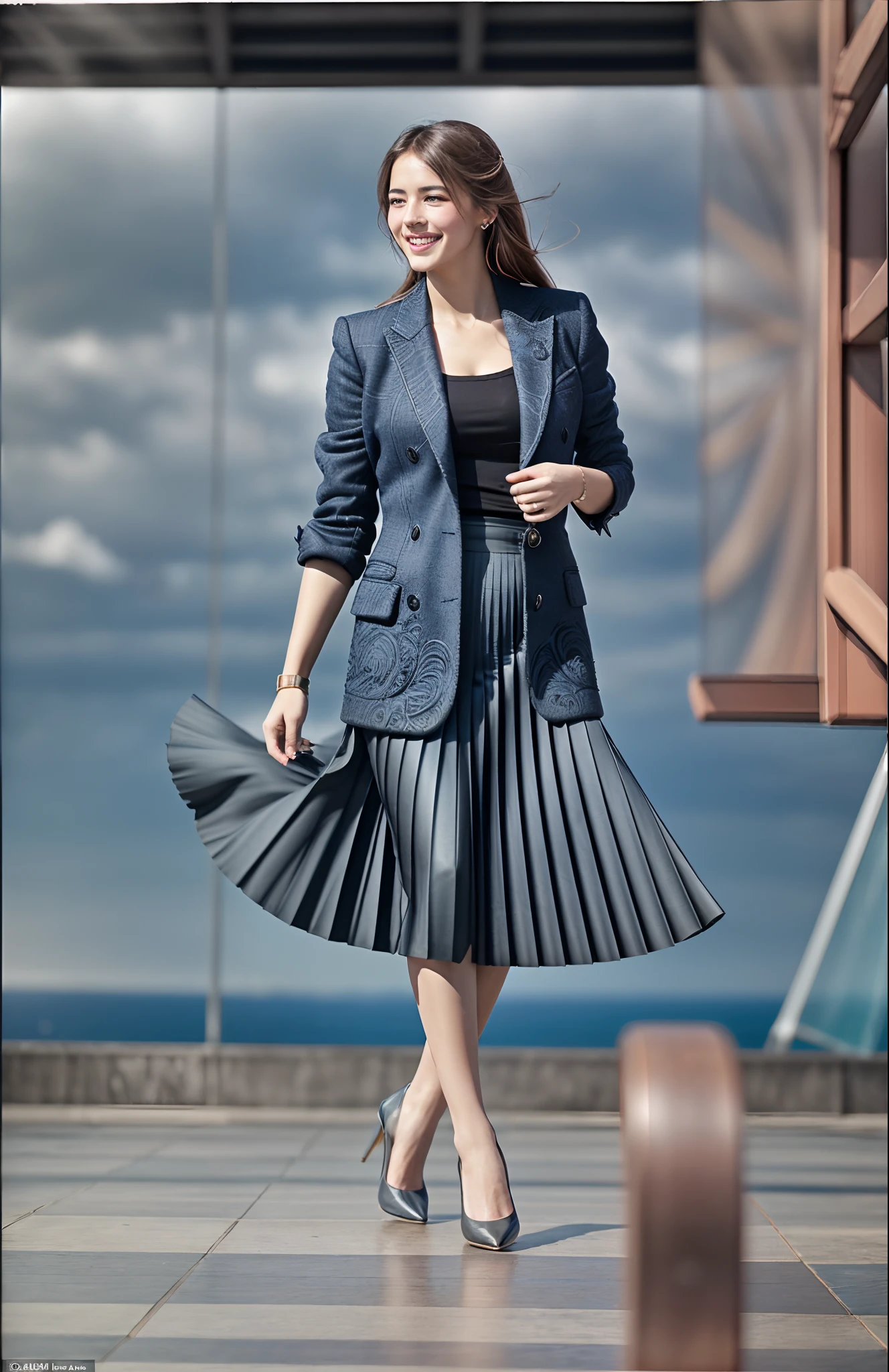 1984, very (seductive:1,9) (happy:1,8) smiling young girl wearing short blazer and very very detailed (long (fully pleated) full circle skirt) and (simple) low heeled office shoes, very very intricate hyper-detailed symmetric (attractive graceful young feminine face) with (sad, tired eyes and a shy smile), large breasts, full of empathy and compassion and love, (pronounced (feminine) features), (highly detailed ultra accurate realistic) hands and fingers, playing with skirt, dancing, (windy conditions and wind blowing), epic composition, highly detailed attributes, highly detailed atmosphere, (35mm f1.4 Kodak portra 400 photograph), extremely high quality RAW photograph,