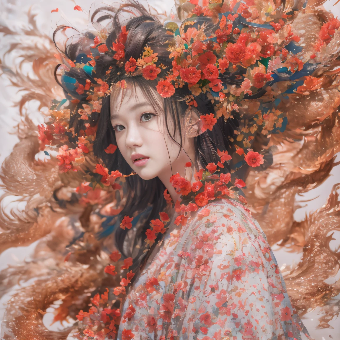 Full body 32K(tmasterpiece,k hd,hyper HD,32K)Large curls,(abstract ink splash:1.2)Flowing rouge,ponds,zydink, a color, Asian people (faeries), (Silk scarf), Combat posture, looking at the ground, Large rolls of rouge, Flowing rouge curls,Red onyx emerald emerald headdress, Chinese long-sleeved black gold garment, (abstract ink splash:1.2), Pink lotus background,Water lily flower protector(realisticlying:1.4),Rouge hair,Autumn is in full swing,The background is pure, A high resolution, the detail, RAW photogr, Sharp Re, Nikon D850 Film Stock Photo by Jefferies Lee 4 Kodak Portra 400 Camera F1.6 shots, Rich colors, ultra-realistic vivid textures, Dramatic lighting, Unreal Engine Art Station Trend, cinestir 800,Large curls,Flowing rouge