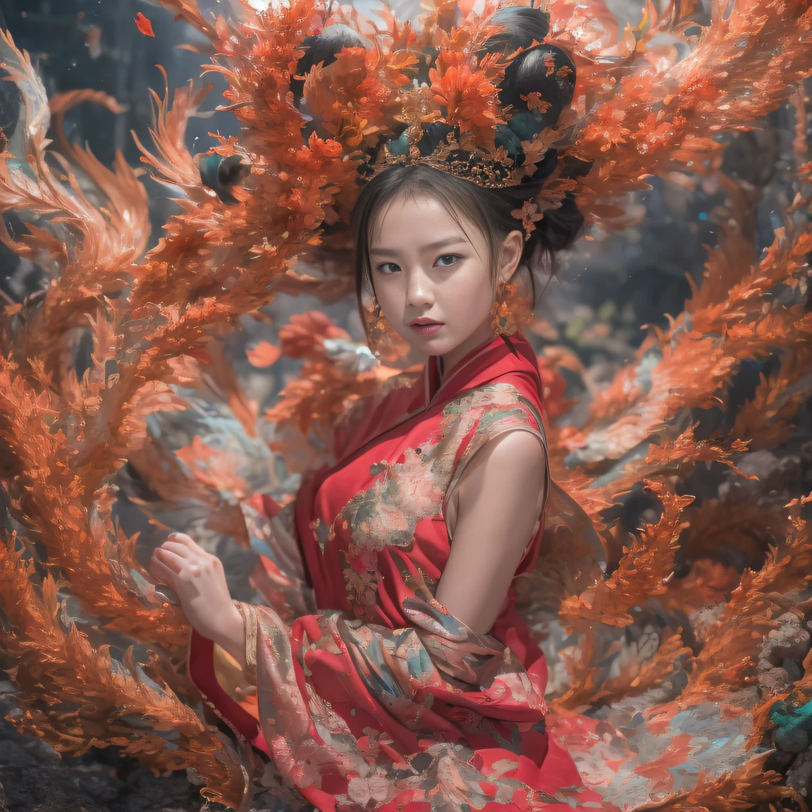 Full body 32K（tmasterpiece，k hd，hyper HD，32K）Large curls，（abstract ink splash：1.2）Flowing rouge，ponds，zydink， a color，  Asian people （faeries）， （Silk scarf）， Combat posture， looking at the ground， Large rolls of rouge， Flowing rouge curls，Red onyx emerald emerald headdress， Chinese long-sleeved black gold garment， （abstract ink splash：1.2）， Pink lotus background，Water lily flower protector（realisticlying：1.4），Rouge hair，Autumn is in full swing，The background is pure， A high resolution， the detail， RAW photogr， Sharp Re， Nikon D850 Film Stock Photo by Jefferies Lee 4 Kodak Portra 400 Camera F1.6 shots, Rich colors, ultra-realistic vivid textures, Dramatic lighting, Unreal Engine Art Station Trend, cinestir 800，Large curls，Flowing rouge