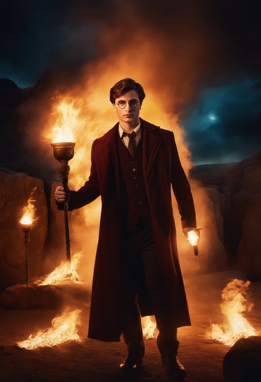 MAN IN THE STYLE OF HARRY POTTER FIGHTERS, CINEMA IMAGE, NIGHT WITH TORCHES BEHIND HIM