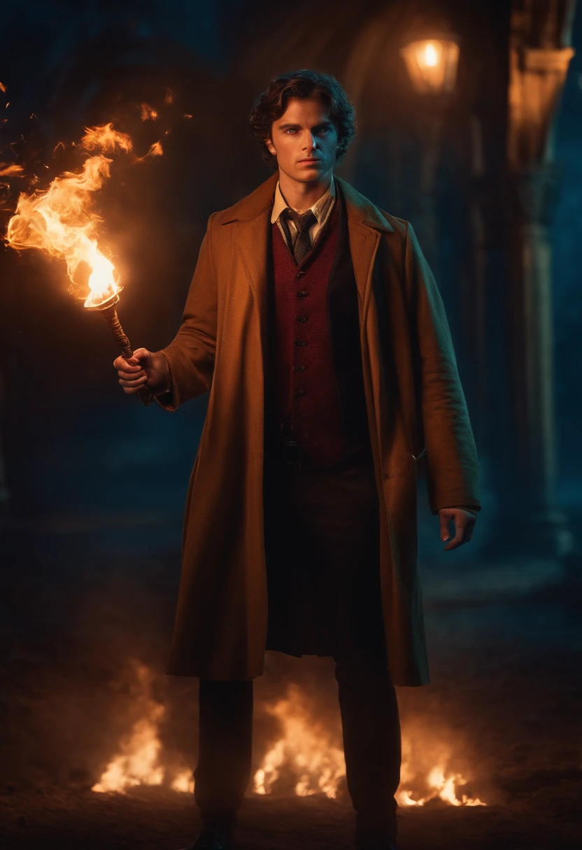 MAN IN THE STYLE OF HARRY POTTER FIGHTERS, CINEMA IMAGE, NIGHT WITH TORCHES BEHIND HIM