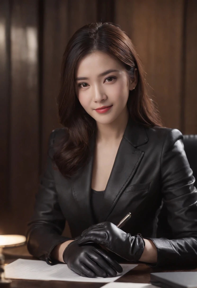 Wearing black leather gloves on both hands, Upper body, Black business suit, Facing the desk in my room with a computer in the dark, Look down and smile, Use a fountain pen to write a letter, Black hair was tied back for a long time, Female new employee with a young and very cute Japan (Black leather gloves cover both hands)Gentle smile looking at the camera、Working with black leather gloves with both hands