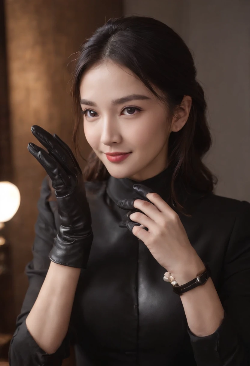 Wearing black leather gloves on both hands, Upper body, Black business suit, Facing the desk in my room with a computer in the dark, Look down and smile, Use a fountain pen to write a letter, Black hair was tied back for a long time, Female new employee with a young and very cute Japan (Black leather gloves cover both hands)Gentle smile looking at the camera、Working with black leather gloves with both hands
