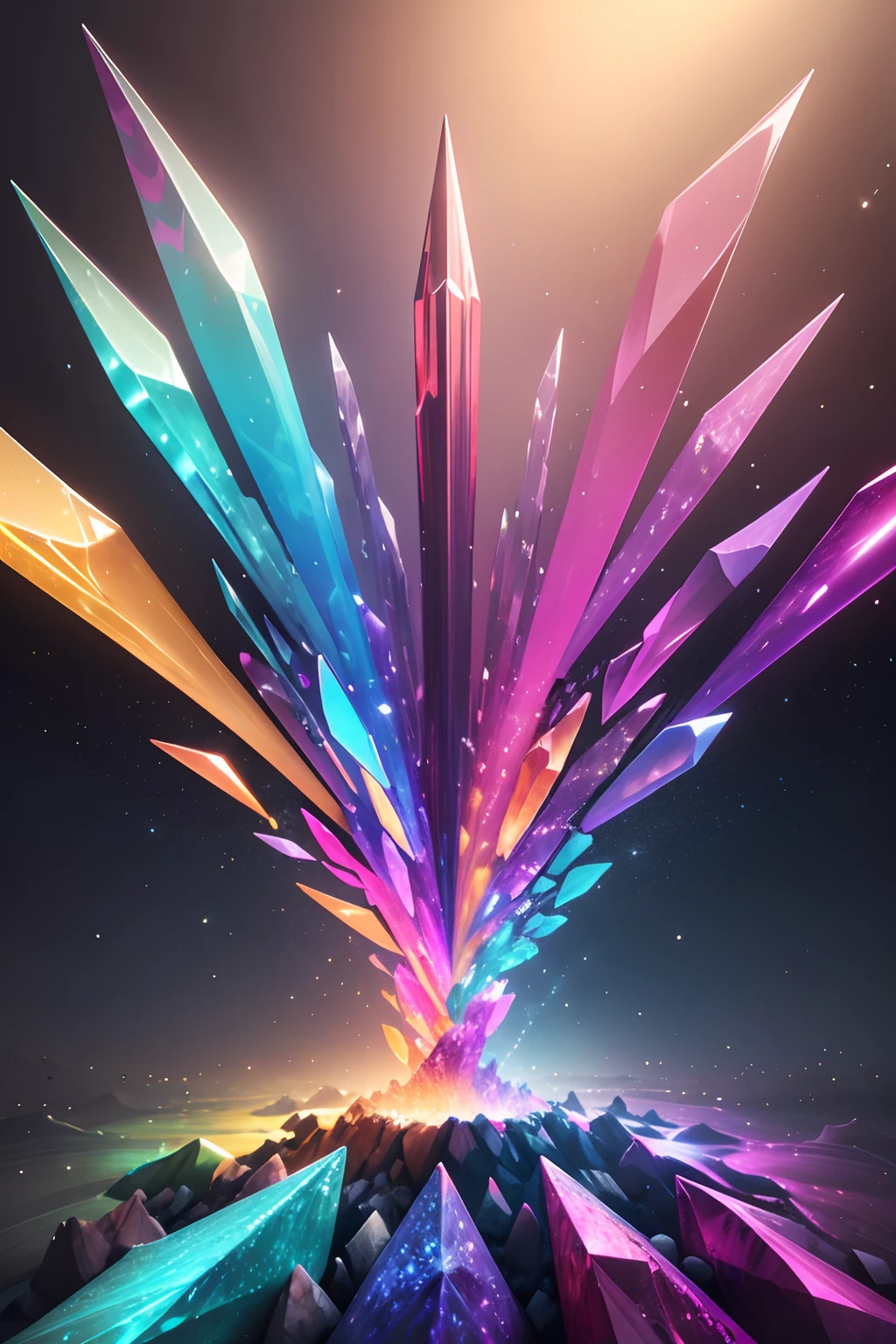 Create an image of a world surrounded by sparkling crystals in seven vibrant colors. Envision a mesmerizing scene where the environment is enveloped by crystals radiating in seven distinct hues, each color representing a different facet of the spectrum. Picture the landscape bathed in the ethereal glow of these seven colors, casting a surreal and enchanting light across the surroundings. Capture the magical interplay of colors, reflecting off the crystal surfaces and illuminating the world in a dazzling, multicolored spectacle. Convey the sense of awe and wonder inspired by the vibrant, prismatic crystals, portraying a visually stunning and harmonious composition that celebrates the beauty of the seven colors.