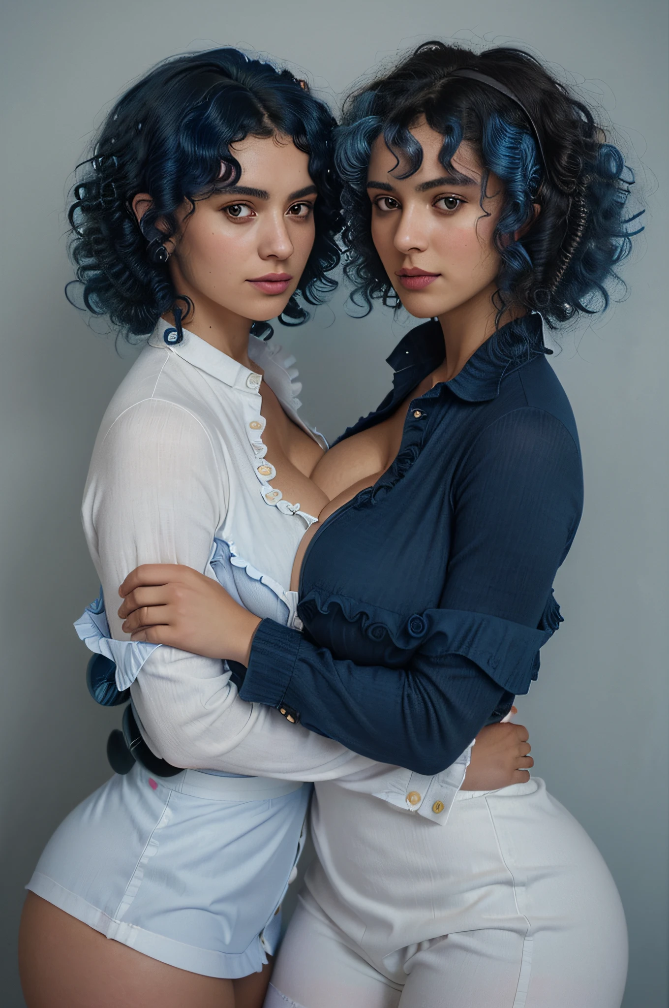 Two Syrian WOMAN, natural skin texture, 24mm, 4k textures, soft cinematic light, RAW photo, photorealism, photorealistic, intricate, elegant, highly detailed, sharp focus, ((((((cinematic look)))), soft tones, insane details, intricate details, hyperdetailed, low contrast, soft cinematic light, dark colors, exposure mix, hdr, faded, looking at viewer, (((big breasts))), (((blue curly hair))), full body view, dressed in pencil skirt and white button up top, plump butt, thigh high socks, embracing eachother