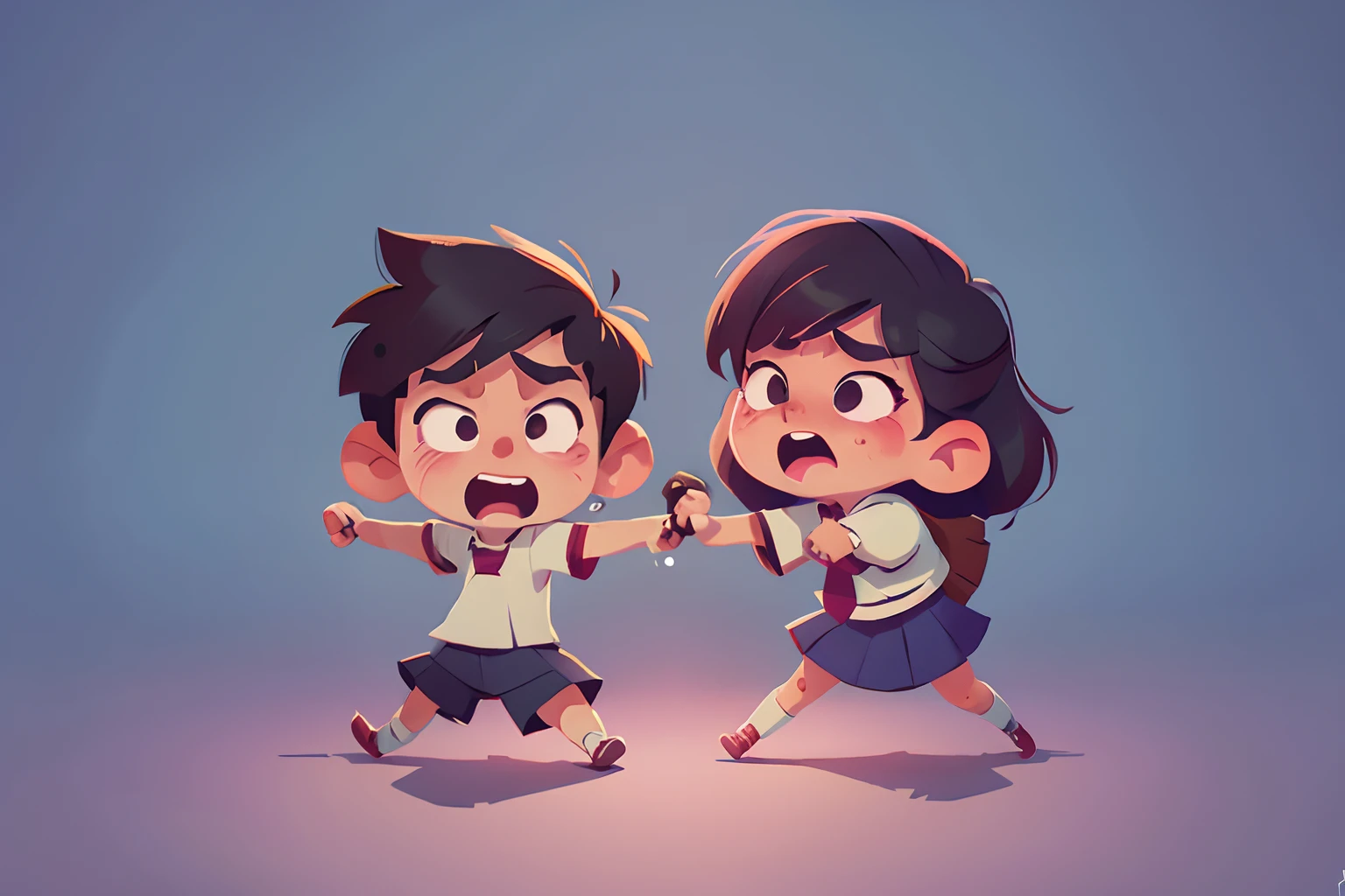 Cartoon of an evil boy beating a girl in a bullying schoolyard. the girl is crying. Simple cartoon style classic cartoon style