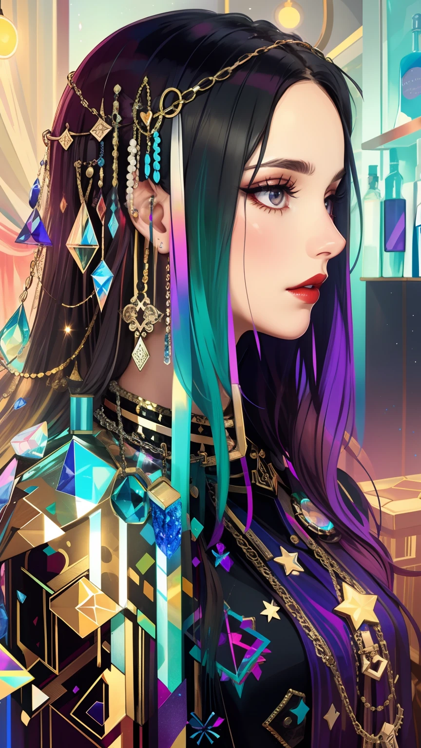 tarot card, Model: long wavy hair, full scarlet dark lips, Smoky eyes, BREAK,, Broken glass, crystals, neon lights, BREAK, Polychromatic geometric patterns,Heart, Arms and legs, BREAK, Accessories: Chrome-plated chains with torn body, Silver Choker, black feathered white black wings, Naked, Topless, naked body,BREAK,on chair, looking forward. tmasterpiece, Masterpiece quality