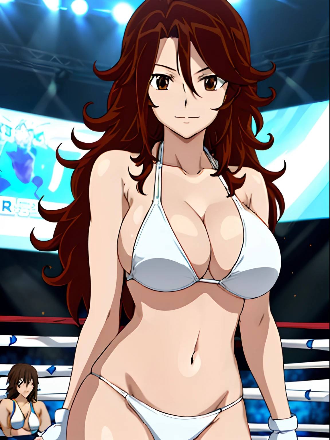 far shot, detailed face, , detailed body, 4k, Sumergai Lee Noriega, best quality, anime style, hires, highest definition, digital blending, bold drawing lines, ((), (slender body), mature woman, (female wrestler, white wrestling bikini, biceps, white fingerless gloves), (location: wrestling ring, crowd watching), cheerful, gorgeous, smile, (closed mouth), (pale skin, shiny skin, ), (cleavage), (strong arms, clean face), (), (brown hair, curly hair, long hair), 27 years old, sexy