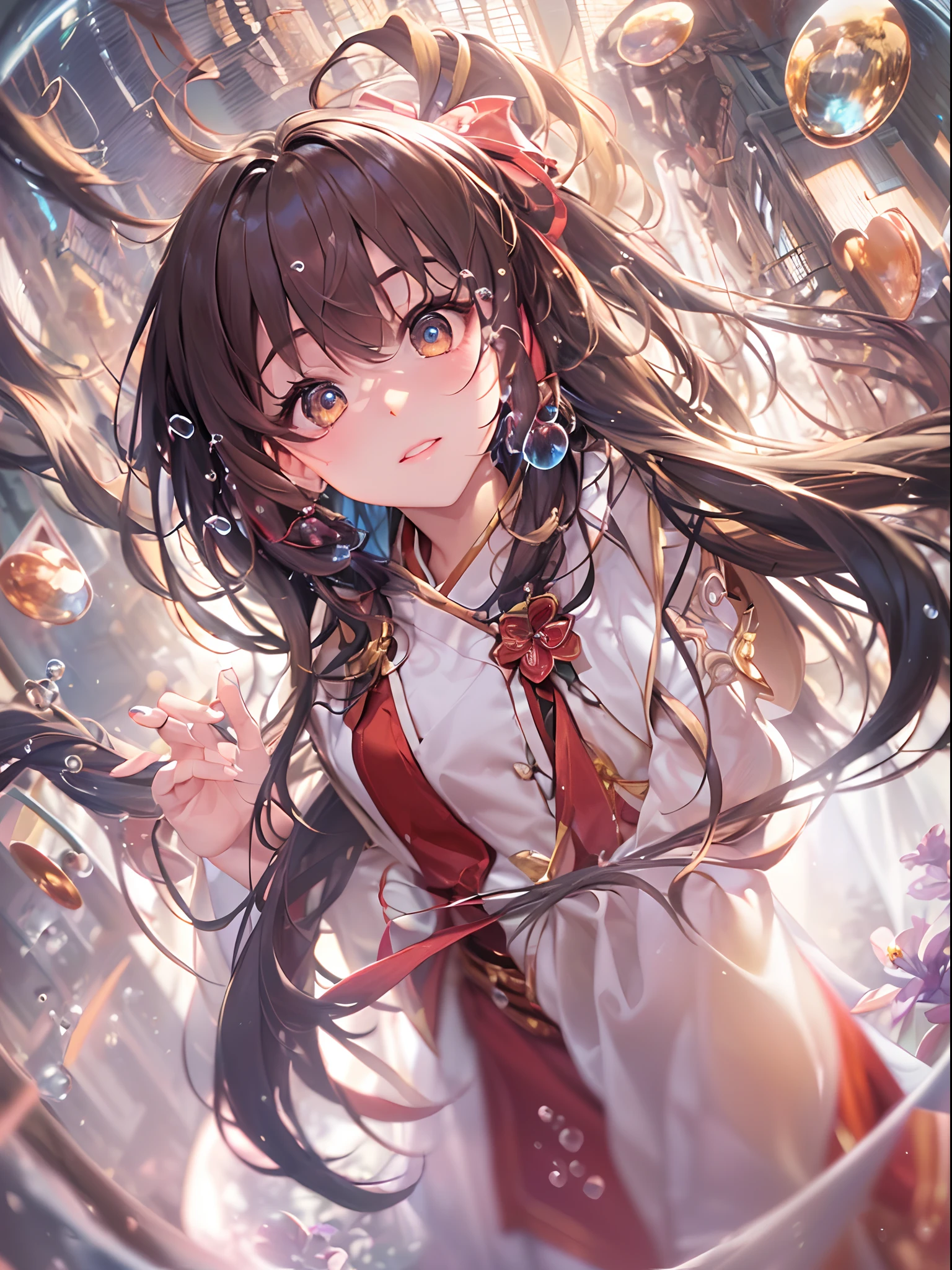 (((hakurei reimu:1.1,)))(((long hair,bangs,brown hair,brown eyes, nontraditional miko)),((((((Break,design an image with fisheye lens effect,capturing a wide field of view with a distinctive, curved perspective.Break,)))))((1girl:1.1,Solo,))(Masterpiece,Best quality, offcial art, Beautiful and aesthetic:1.2),((超高分辨率,)) (16k),((dynamic posture:1.2)),((((hair ribbons,hair tubes,))))Dynamic lighting,(((rich background,)))(((micro shot))))(Sunset,)(((flower field))),((hypersurreal,))((expressive hair)),Physically-based rendering,automatic white balance),Amazing,Sharp focus,Natural background, (((highdetailskin,)))Dynamic lighting,Intricately detailed clothing,((((detailed hair,))))Slender,((bubbles)),(masterpiece sidelighting),(The sheen),(((Delicate fingers and hands:0.55))::0.85))),(Detail fingers),(((Superior photographic quality,)))),((unbelievable Ridiculous,))((extremely_Detailed_Eyes_and_face)),(neat hair),(Dynamic configuration: 1.2),Brilliant,Striking contrast,High saturation,Sony F and 24-105mm f / Use a Sony Alpha 4 mirrorless camera with 1G OSS lenses,Translucent body, reflector, (hyper realisitic:1.4), Angle from which you can see the whole body,