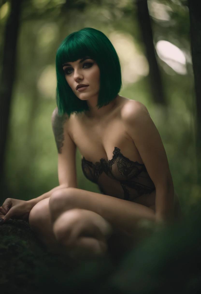 Nude cute fox girl dark green hair nsfw