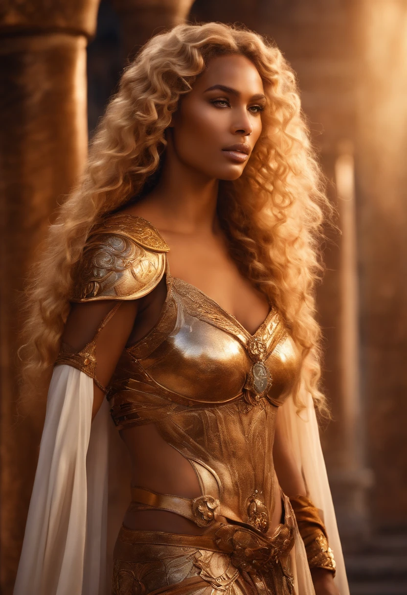Goddess Aphrodite, brown skin, very curly and long blonde hair, on Olympus, dressed in semi-transparent fabrics next to Ares in his war armor.