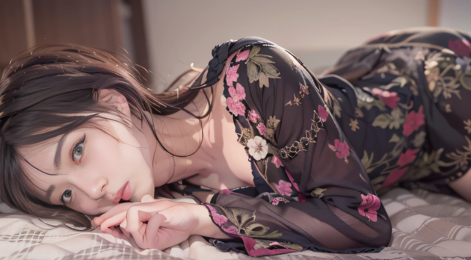 Alafed woman lying on bed, inspired by Ayami Kojima, inspired by Ayako Rokkaku, Kotegawa Yui, Lie on the ground, Lying on the ground, sprawled out, lascivious pose, neutral pose, lacivious pose, shikamimi, inspired by Yuki Ogura, pale fair skin