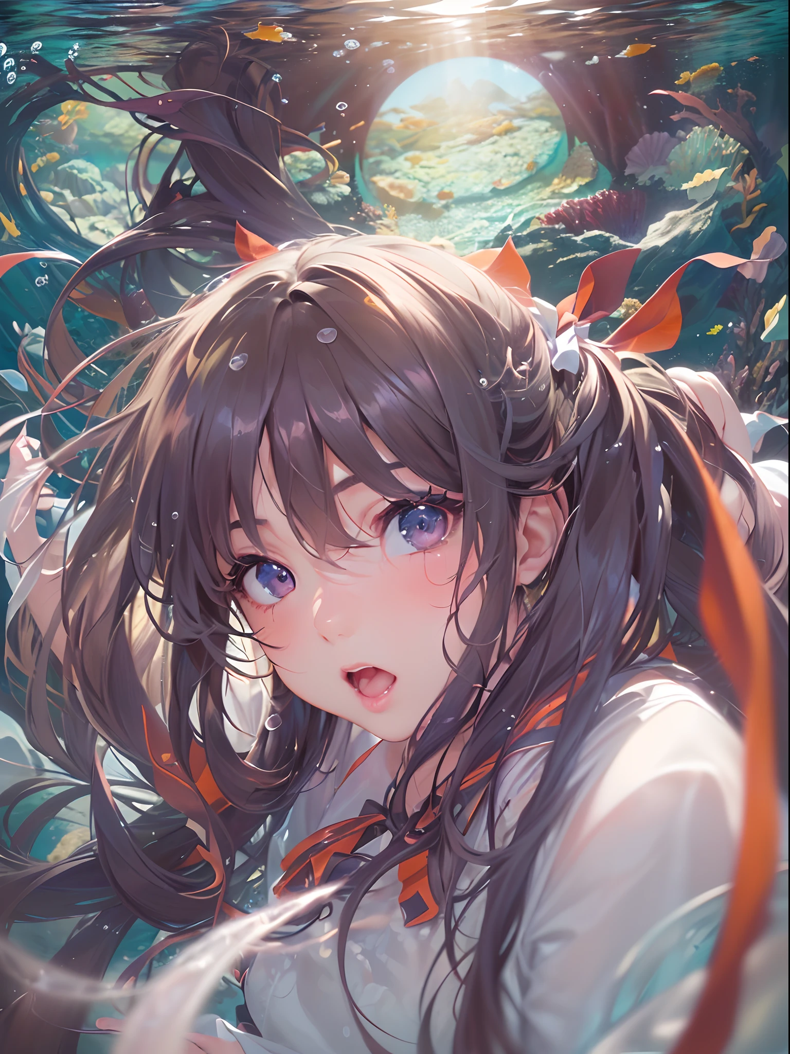 (((hakurei reimu:1.1,)))(((long hair,twintails,long bangs,brown hair,brown eyes, nontraditional miko)),((((((Break,design an image with fisheye lens effect,capturing a wide field of view with a distinctive, curved perspective.Break,)))))((1girl:1.1,Solo,))(Masterpiece,Best quality, offcial art, Beautiful and aesthetic:1.2),((超高分辨率,)) (16k),((dynamic posture:1.2)),((((hair ribbons,hair tubes,))))Dynamic lighting,(((rich background,)))(((microshot))))(Sunset,)(((((((underwater, In the enigmatic depths of the ocean,))))))),((hypersurreal,))((expressive hair)),Physically-based rendering,automatic white balance),Amazing,Sharp focus,Natural background, (((highdetailskin,)))Dynamic lighting,Intricately detailed clothing,((((straight hair,))))Slender,((breeze)),(masterpiece sidelighting),(The sheen),(((Delicate fingers and hands:0.55))::0.85))),(Detail fingers),(((Superior photographic quality,)))),((unbelievable Ridiculous,))((extremely_Detailed_Eyes_and_face)),(supple hair),(Dynamic configuration: 1.2),Brilliant,Striking contrast,High saturation,Sony F and 24-105mm f / Use a Sony Alpha 4 mirrorless camera with 1G OSS lenses,Translucent body, reflector, (hyper realisitic:1.4),ceramic body