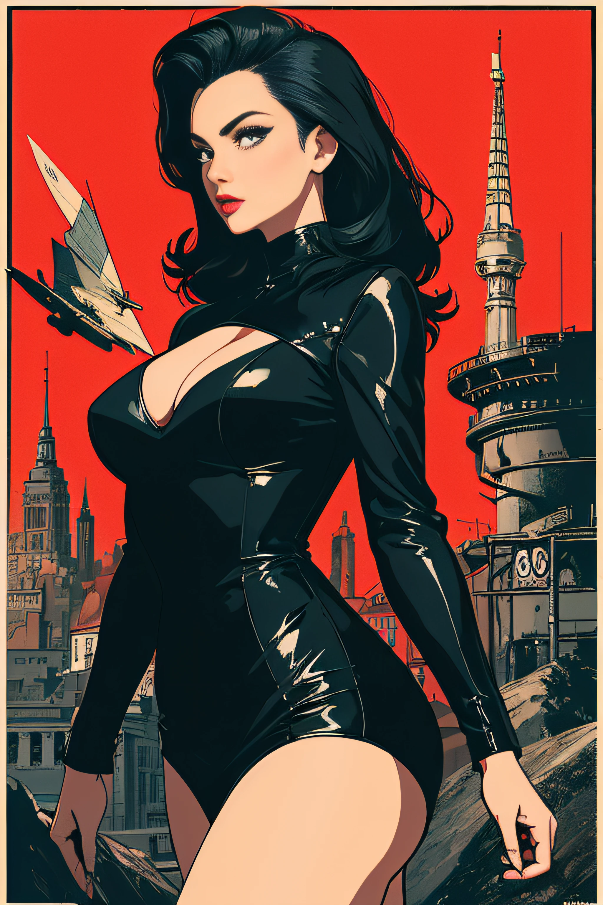 (Masterpiece, Best Quality), 8k Wallpaper, highly detailed, poster, vintage spy film, 1960s, sexy erotic female, spy thriller cinematic movie poster, Blaxploitation, shapes, lines, abstract, propaganda, mid century modern, movie poster, vintage,