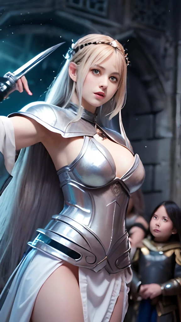 A beutiful knight woman defeated by goblins, slender body, small breast, wearing Royal classic dress, middle length hair tied in one, detailed face, shameful eyes, blush face, thick white liquid on the body