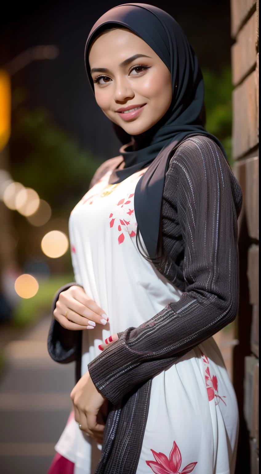Malay girl wear small floral white baju kurung malaysia in college, very long black hair, wavy hair, front view, detail skin, detail skin texture, mole below eyes, small breast, big hip, big waist, big thigh, slim abs, beautiful body, nighttime, laughing, happy, bright lighting, college area background, crowded college, blur background, bokeh,