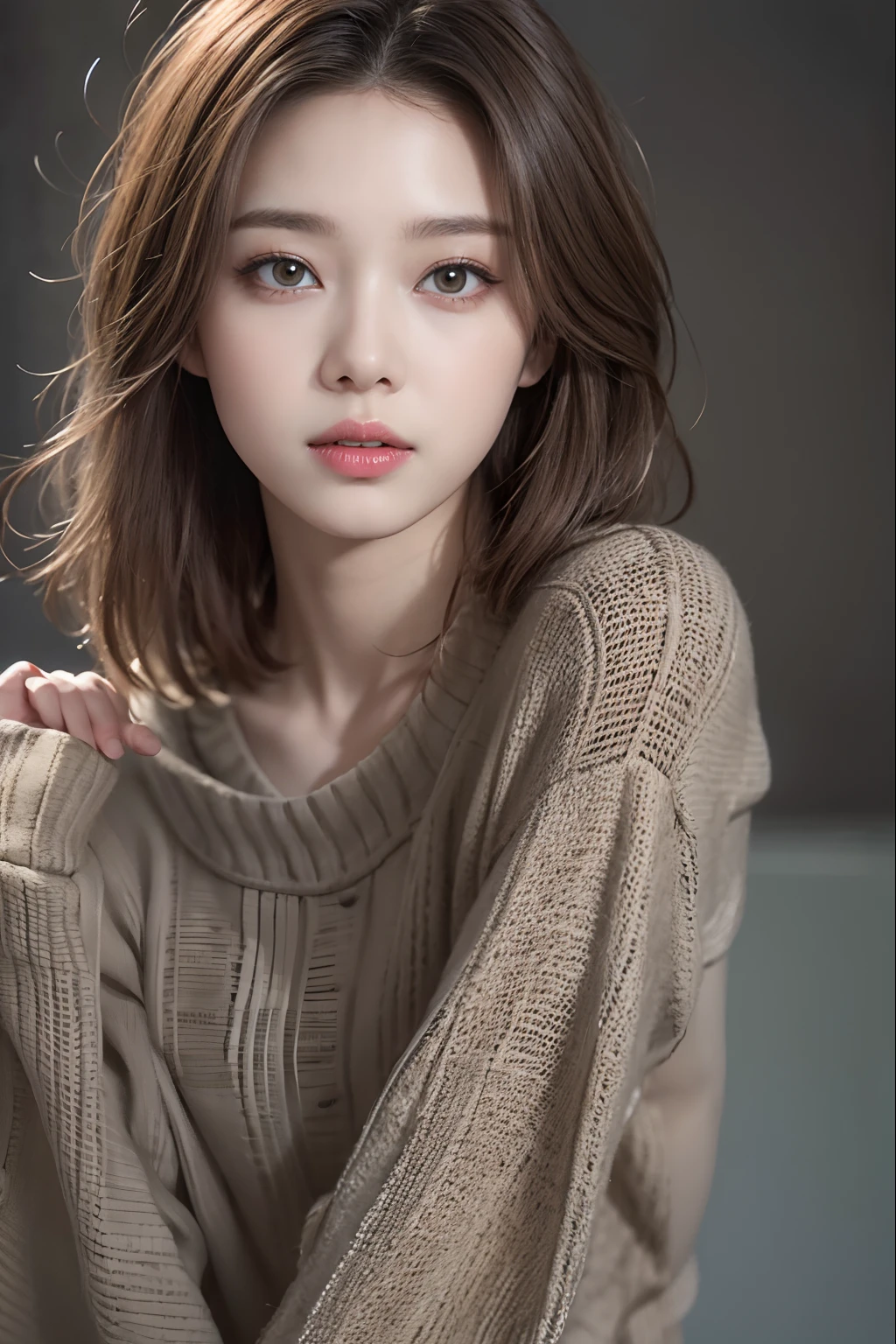 Top image quality、Raw photography、超A high resolution、An 18-year-old woman、Shooting for one person only、modelshoot、Autumn outfit、Fashionable clothes、student clothes、Beautiful Eyes of Details、very elongated eyes、Beautiful eyelashes、Beautiful double eyelids、very slender legs、Shorthair with light brown hair、very slender physique、Gray walls