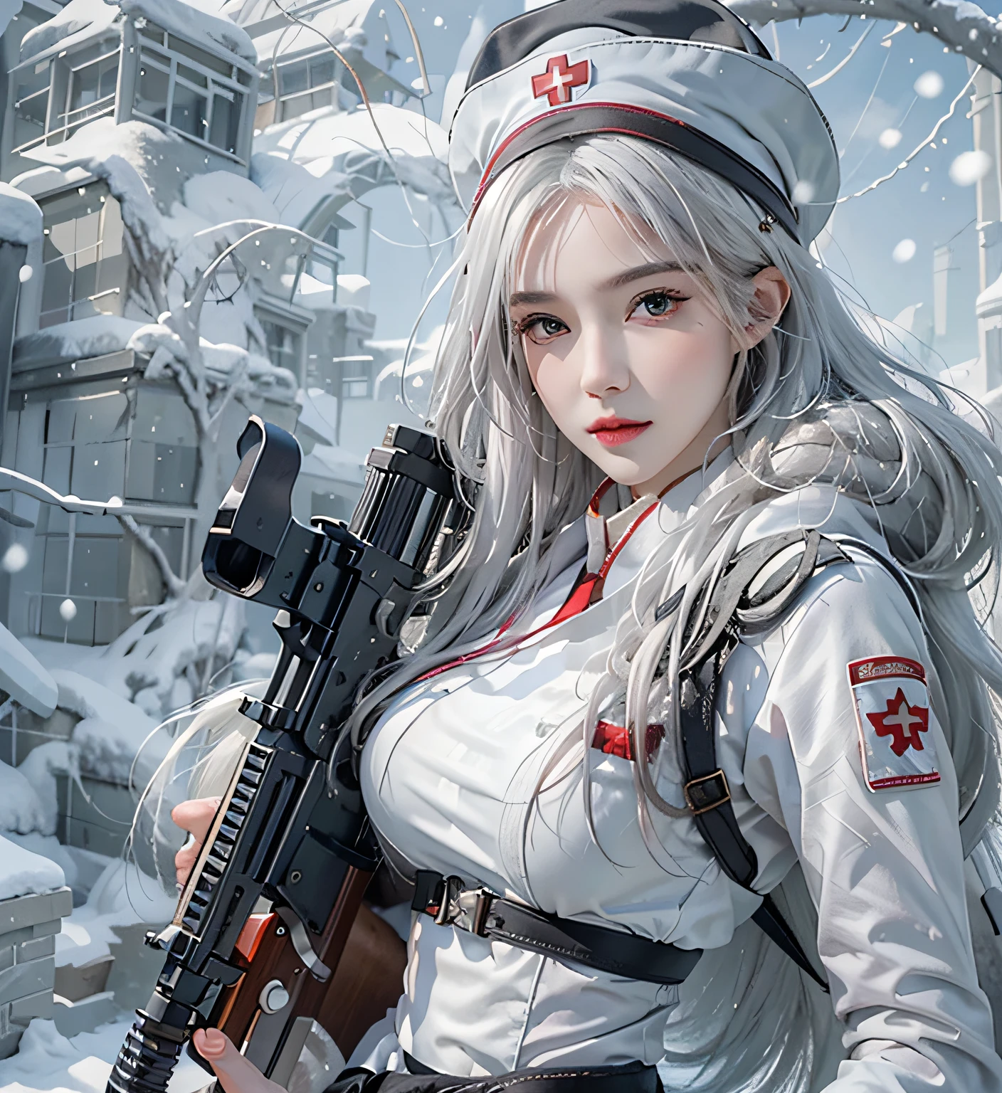 Photorealistic, high resolution, 1womanl, Solo, Hips up, view the viewer, (Detailed face), White hair, Long hair, Nurse outfit, Stockings，Snow background, Girl aiming AK-47 assault rifle，Gentle