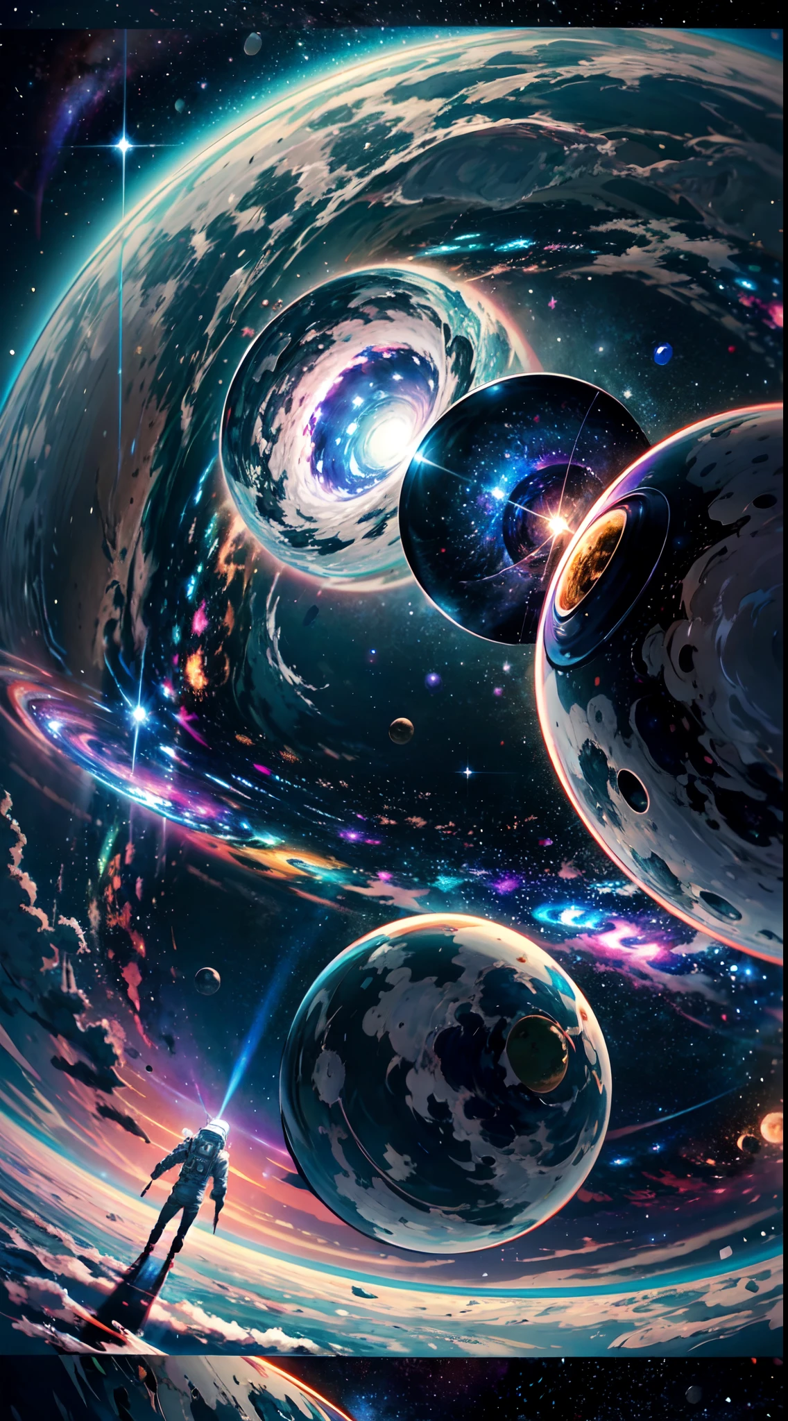 The image depicted is an astronaut wandering in vast space, in the background has a black hole with the accretion disk in purple coloration. It also has a Neptune-like planet, and multiple stars(pontinho branco)