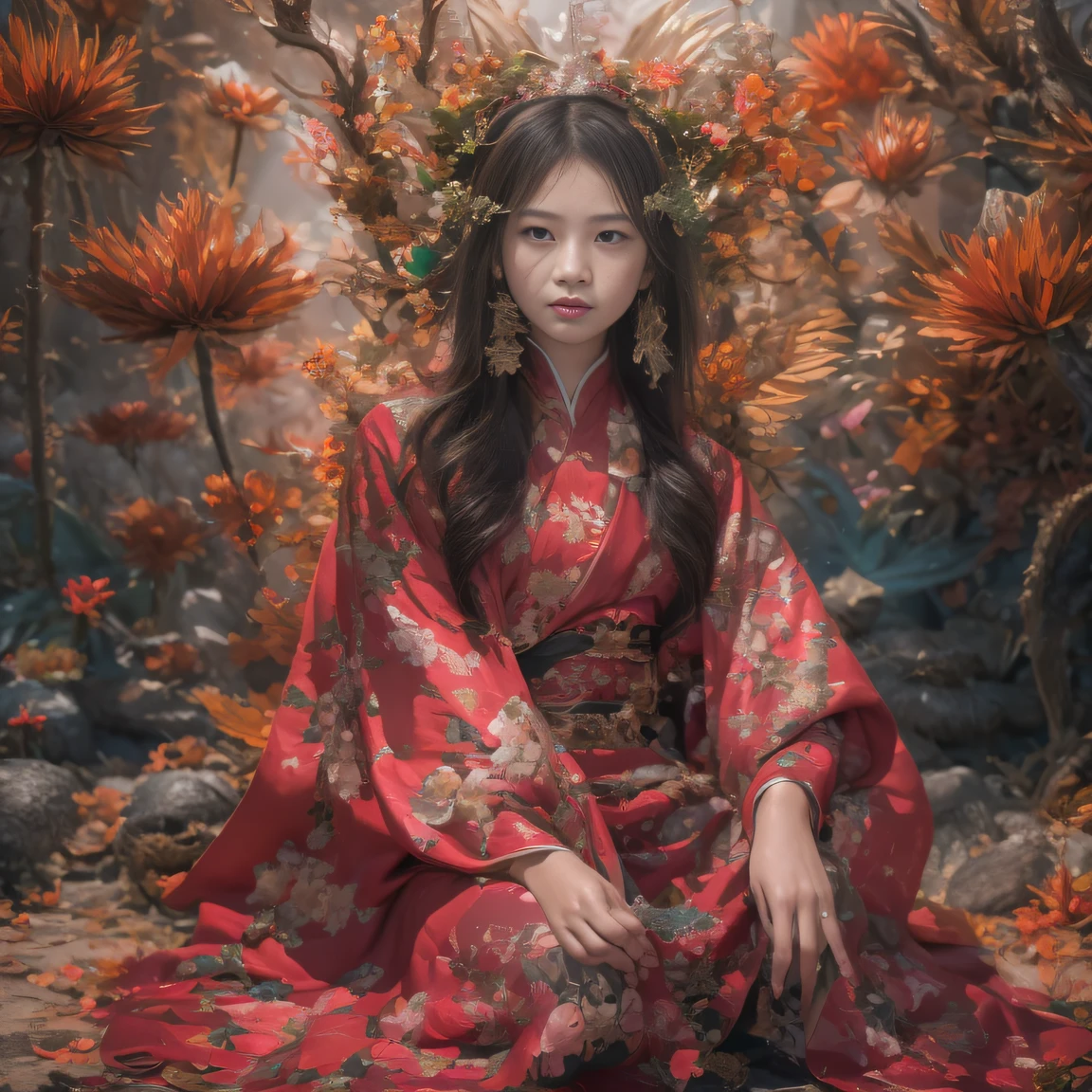 Full body 32K(tmasterpiece,k hd,hyper HD,32K)eat with great relish,(abstract ink splash:1.2)Flowing rouge,ponds,zydink, a color, Asian people (faeries), (long leges), Combat posture, looking at the ground, Burgundy complexion, Flowing rouge curls,Red onyx emerald emerald headdress, Chinese long-sleeved black gold garment, (abstract ink splash:1.2), Pink lotus background,Water lily flower protector(realisticlying:1.4),Rouge hair,Autumn is in full swing,The background is pure, A high resolution, the detail, RAW photogr, Sharp Re, Nikon D850 Film Stock Photo by Jefferies Lee 4 Kodak Portra 400 Camera F1.6 shots, Rich colors, ultra-realistic vivid textures, Dramatic lighting, Unreal Engine Art Station Trend, cinestir 800,Large curls,Flowing rouge