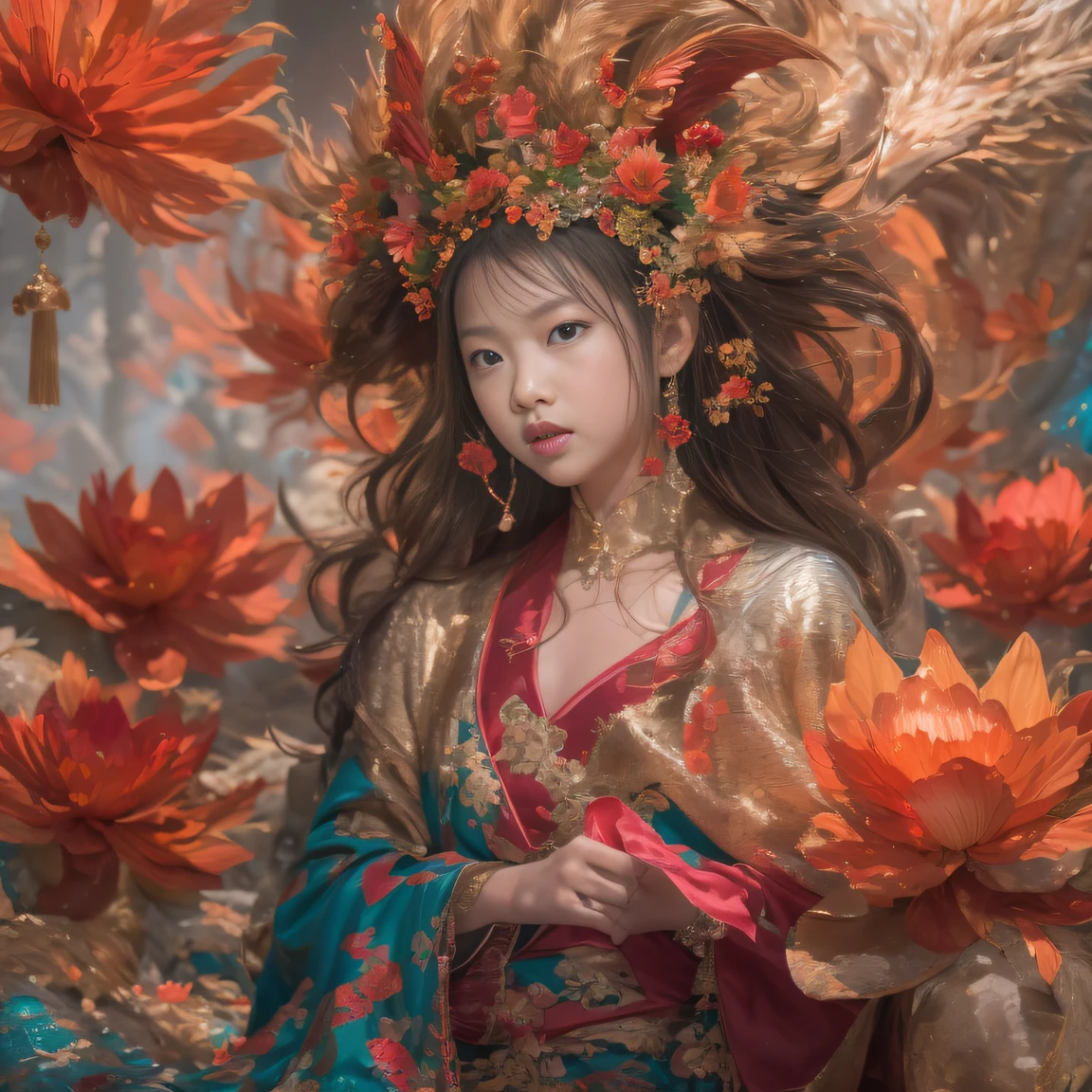 Full body 32K（tmasterpiece，k hd，hyper HD，32K）eat with great relish，（abstract ink splash：1.2）Flowing rouge，ponds，zydink， a color，  Asian people （faeries）， （long leges）， Combat posture， looking at the ground， Burgundy complexion， Flowing rouge curls，Red onyx emerald emerald headdress， Chinese long-sleeved black gold garment， （abstract ink splash：1.2）， Pink lotus background，Water lily flower protector（realisticlying：1.4），Rouge hair，Autumn is in full swing，The background is pure， A high resolution， the detail， RAW photogr， Sharp Re， Nikon D850 Film Stock Photo by Jefferies Lee 4 Kodak Portra 400 Camera F1.6 shots, Rich colors, ultra-realistic vivid textures, Dramatic lighting, Unreal Engine Art Station Trend, cinestir 800，Large curls，Flowing rouge