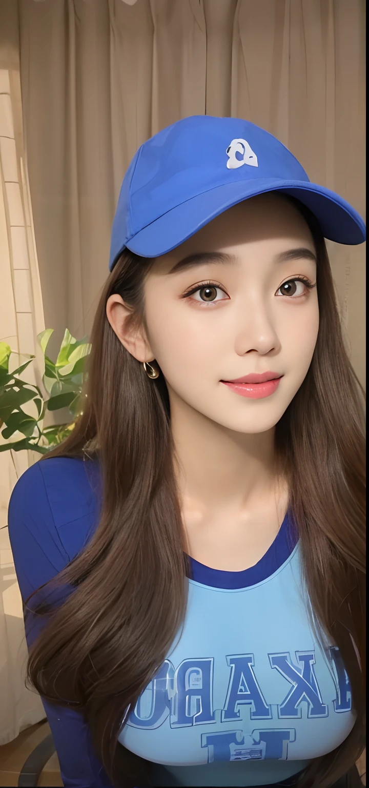 a close up of a woman wearing a blue hat and a blue shirt, dilraba dilmurat, young cute wan asian face, wan adorable korean face, gorgeous chinese model, gorgeous young korean woman, young adorable korean face, ruan jia beautiful!, 8k selfie photograph, with cute - fine - face, sha xi, beautiful south korean woman, xintong chen, masterpiece, superdeformed, (((full body:1.3))), ultra high res, RAW photo, masterpiece, ultra detailed, 8k, full detailed hair, highres, best quality, ultra high res, ultra detailed face and eyes, (((photorealistic:1.4))), looking at viewer, (((smiling:1.2))), cute, (((large breast:1.7))), (((ray tracing:1.4))), ((((long legs:1.4)))), Best quality , masterpiece, large hip, Fully facial detailed, beautiful, ((very detailed of hair )) , (((:1.2))), thin lips, big eyes, highres, seducing, blue eyes , slim waist, 8k:1.2, 16k:1.2, highres, karol bak uhd, inspired by hajime sorayama, sensual gravure idol, buxom chested, panasonic lumix s pro 70mm