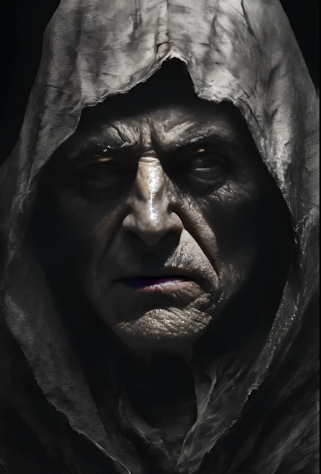 very old man, looks like a corpse, half of his face deformed, beggar, dirty, angry look, short gray hair, pale and wrinkled skin, yellowish pupils, hunched posture, waist up, penetrating and evil look, long black cloak, torn clothes, cloak of crow feathers on the back, left side of the body covered with bands and hood, fog, dark gas station, horror, fear, scary, suspense, mysterious