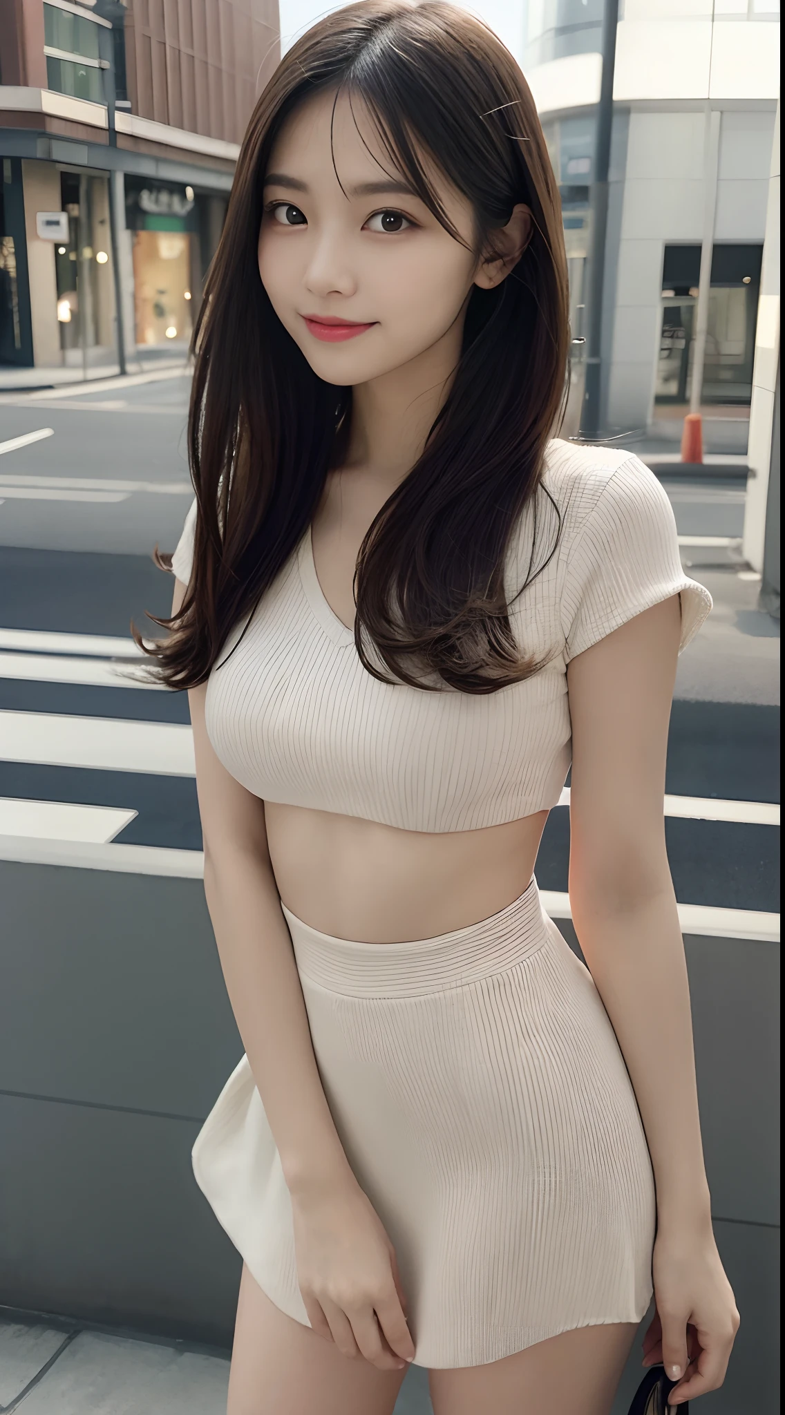 masutepiece, Best Quality, Illustration, Ultra-detailed, finely detail, hight resolution, 8K Wallpaper, Perfect dynamic composition, Beautiful detailed eyes, Women's Fashion Summer,Medium Hair,Small breasts natural color lip, Bold sexy poses,Smile,Harajuku、20 years girl、Cute、Sexy shot looking at camera、Depth of subject、Film grain、Ilford HP5、Clean clothing、