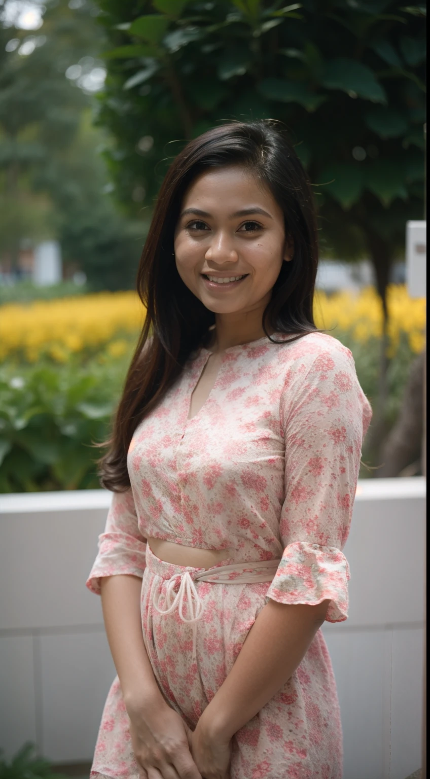 Malay girl  wear small floral white baju kurung malaysia in college, very long black hair, wavy hair, front view, detail skin, detail skin texture, mole below eyes, small breast, big hip, big waist, big thigh, slim abs, beautiful body, nighttime, laughing, happy, bright lighting, college area background, crowded college, blur background, bokeh,