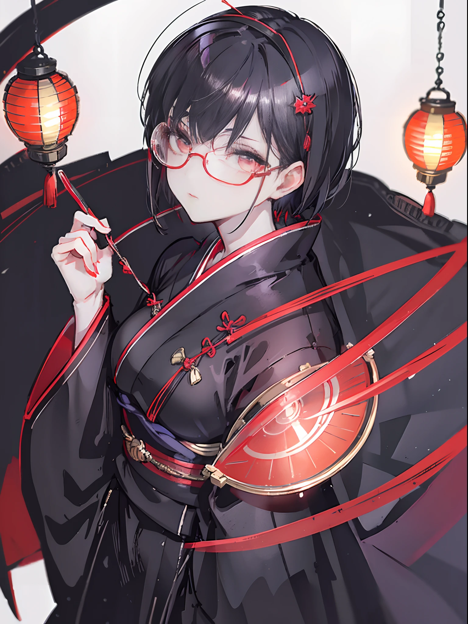 Create a detailed portrait of a beautiful anime girl with short black hair, DarkRed eyes, round red glasses lenses. She is dressed in a black kimono and holds a bright red fan. The background for this portrait should be a night cityscape with lights and lanterns, create an atmosphere of night mysticism and beauty.