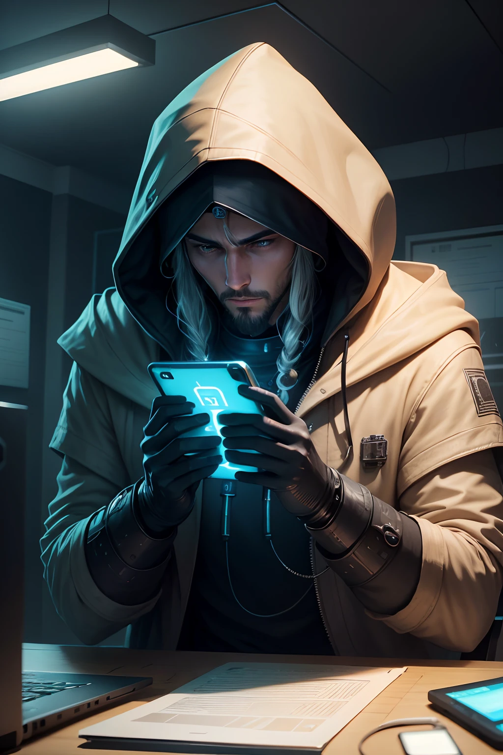 crie um hacker homem branco cabelo cacheados, in a room full of electronic devices, usando colar de bitcoin