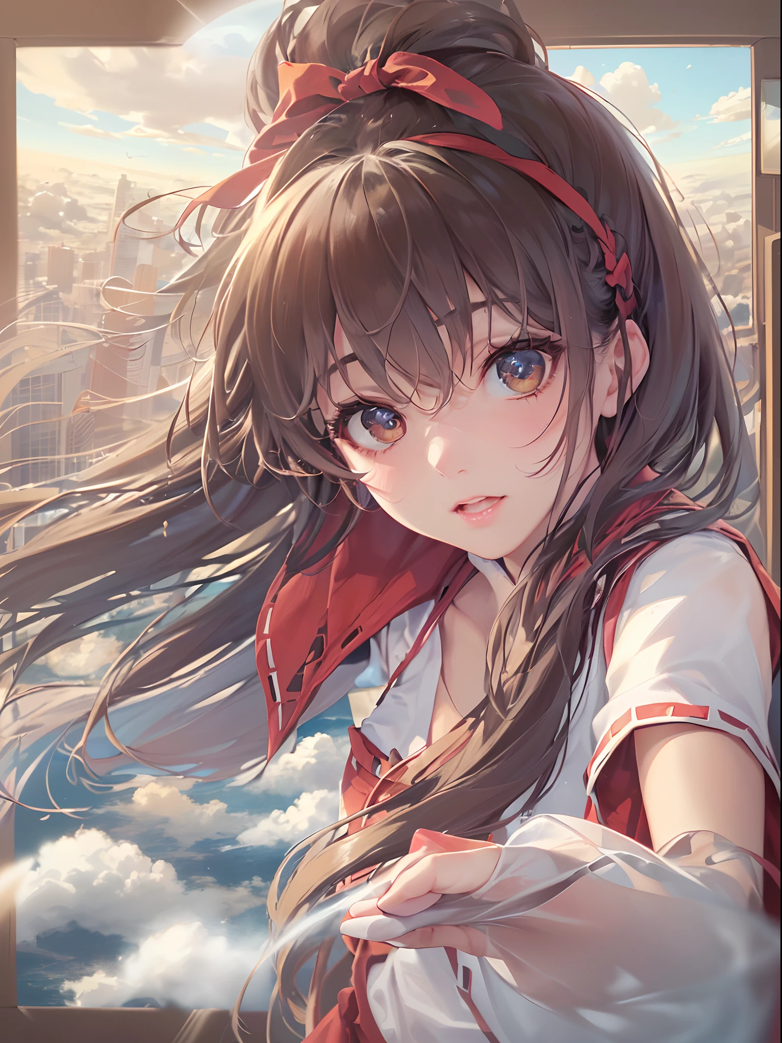 (((hakurei reimu:1.1,)))(((long hair,side bangs,french braid,brown hair,brown eyes, nontraditional miko,leather gloves)),((((((Break,design an image with fisheye lens effect,capturing a wide field of view with a distinctive, curved perspective.Break,)))))((1girl:1.1,Solo,))(Masterpiece,Best quality, offcial art, Beautiful and aesthetic:1.2),((超高分辨率,)) (16k),((dynamic posture:1.2)),((((hair ribbons,hair tubes,))))Dynamic lighting,(((rich background,)))(((microshot))))(Sunset,)(((((((flying on the clouds,90's street clothes,,))))))),((hypersurreal,))((expressive hair)),Physically-based rendering,automatic white balance),Amazing,Sharp focus,Natural background, (((highdetailskin,)))Dynamic lighting,Intricately detailed clothing,((((straight hair,))))Slender,((breeze)),(masterpiece sidelighting),(The sheen),(((Delicate fingers and hands:0.55))::0.85))),(Detail fingers),(((Superior photographic quality,)))),((unbelievable Ridiculous,))((extremely_Detailed_Eyes_and_face)),(supple hair),(Dynamic configuration: 1.2),Brilliant,Striking contrast,High saturation,Sony F and 24-105mm f / Use a Sony Alpha 4 mirrorless camera with 1G OSS lenses,Translucent body, reflector, (hyper realisitic:1.4),ceramic body