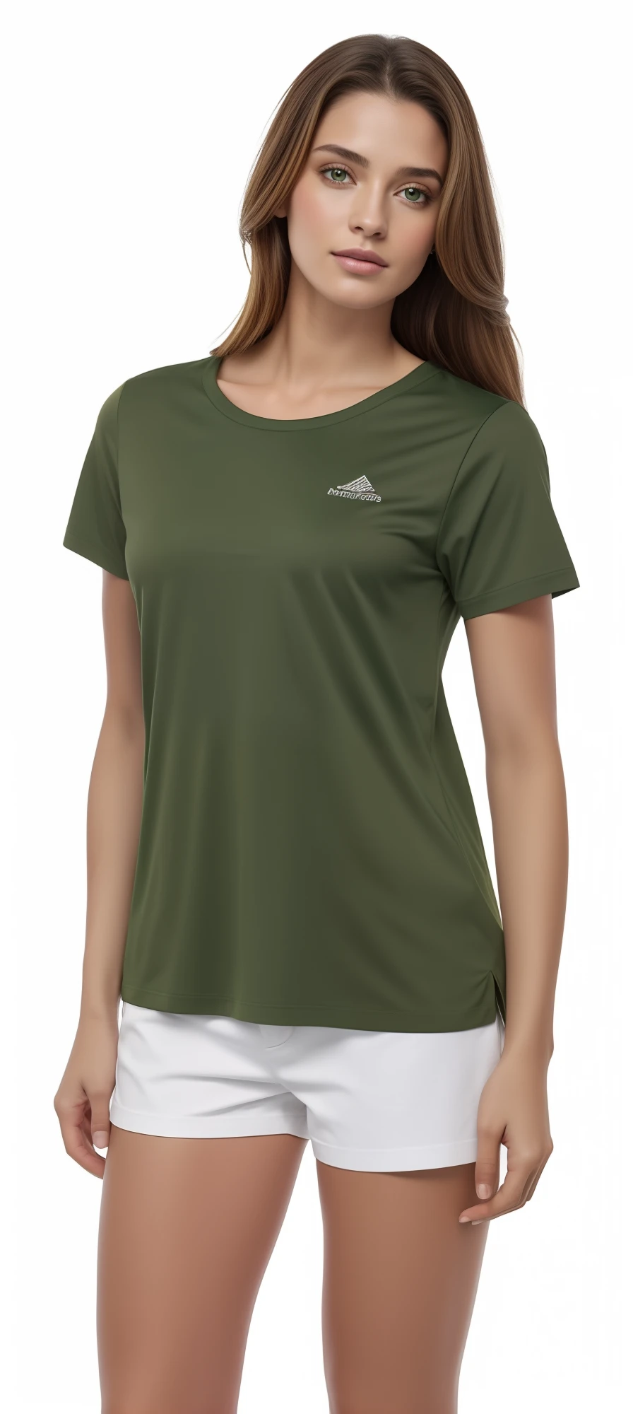 uma mulher de camisa verde e bermuda branca posando para uma foto, verde oliva, camisa verde, roupas verdes, roupas verdes casuais, azeitona, "organic, sage green, em uma camisa polo verde escuro, mangas curtas, cor da pele da azeitona, vestindo uma camiseta, vestindo camiseta e combates, verde escuro, verde, #verde, Ballard, fotografia realista, fotografia, obra-prima, realista, Realismo, renderizado, Alto contraste, Arte Digital, fotográficorealista, trend in Artstation 8k HD, high definiton, circunstanciado, Realistic, detalhada, textura da pele, hiperdetalhada, Textura realista da pele, melhor qualidade, ultra high-resolution, (fotografia realista: 1.4), alta resolução, detalhada, fotografia crua, sharp resolution, Nikon D850 filmes, fotografia de stock 4, Kodak Portra 400 Camera F1 Lens.6, textura hiper realista, lighting dramatic, Unrealistic trend in Artstation Cinestill 800, RAW.